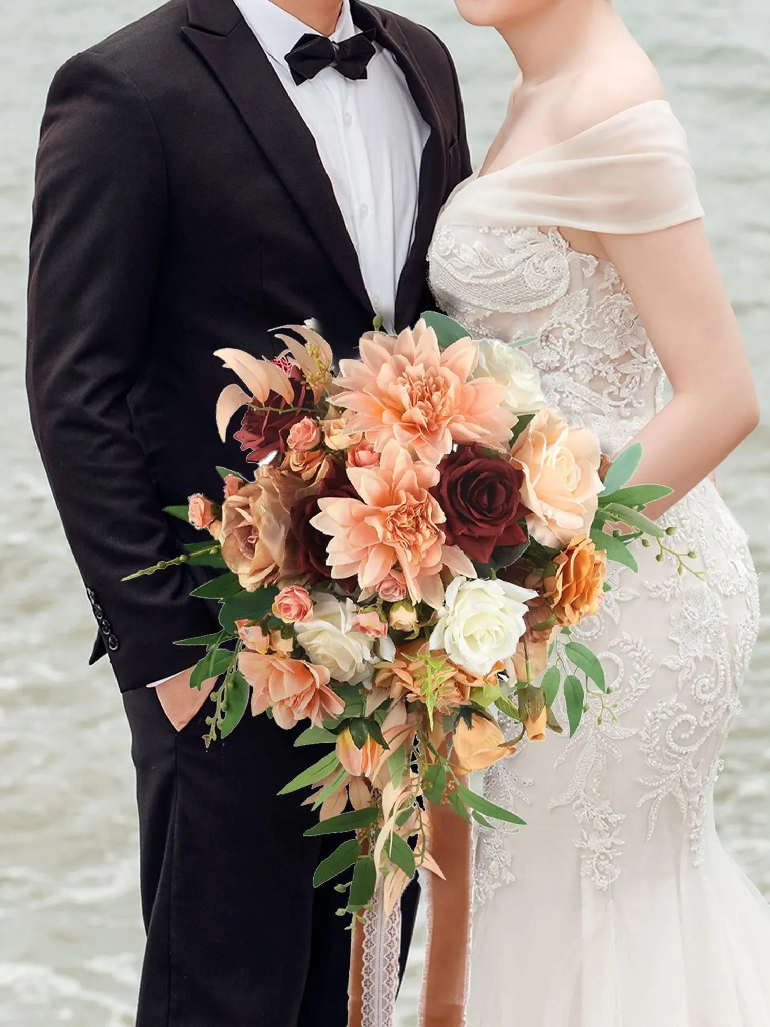 13 inch wide Coral Cascade Bridal Bouquet