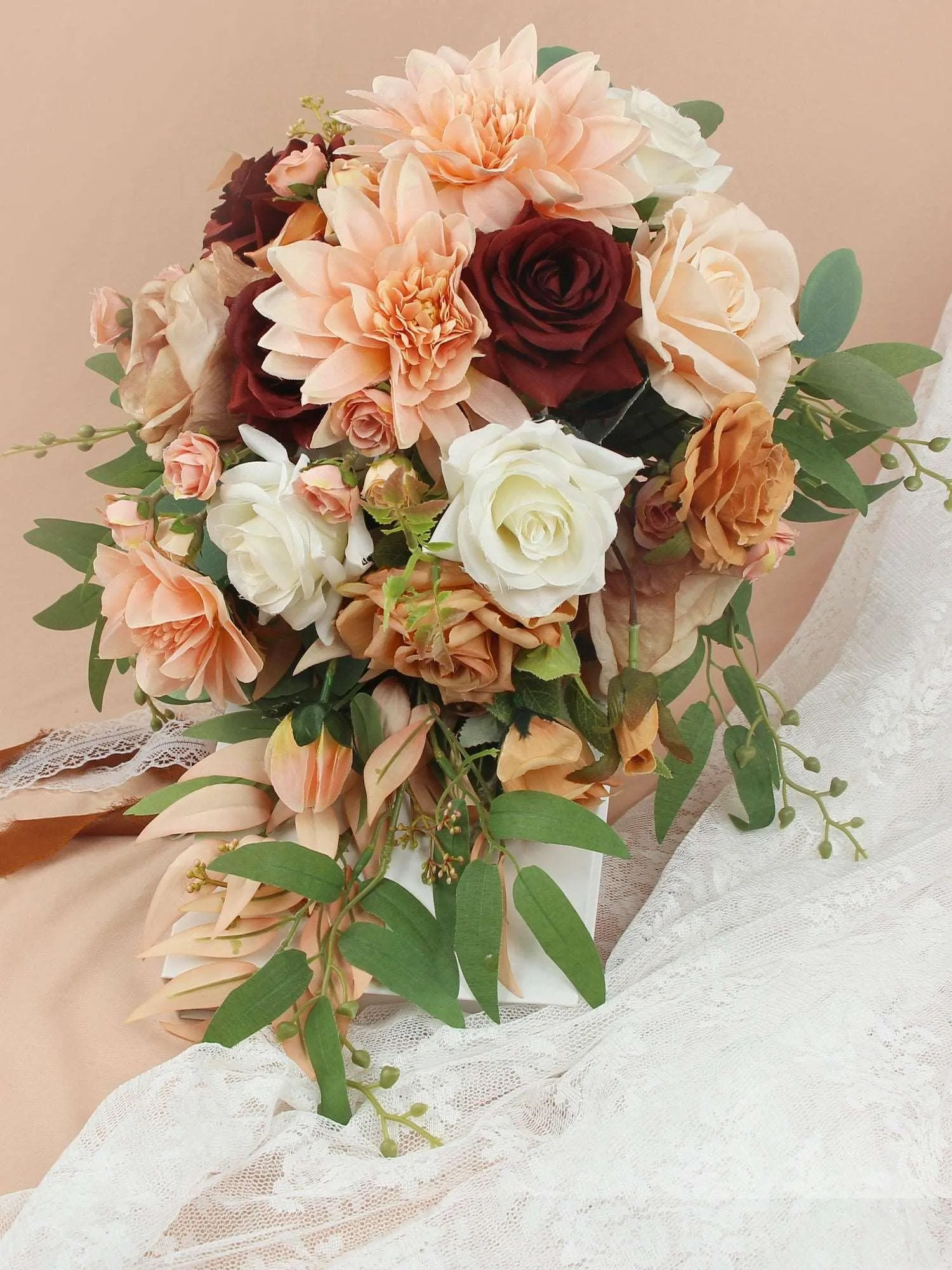 13 inch wide Coral Cascade Bridal Bouquet