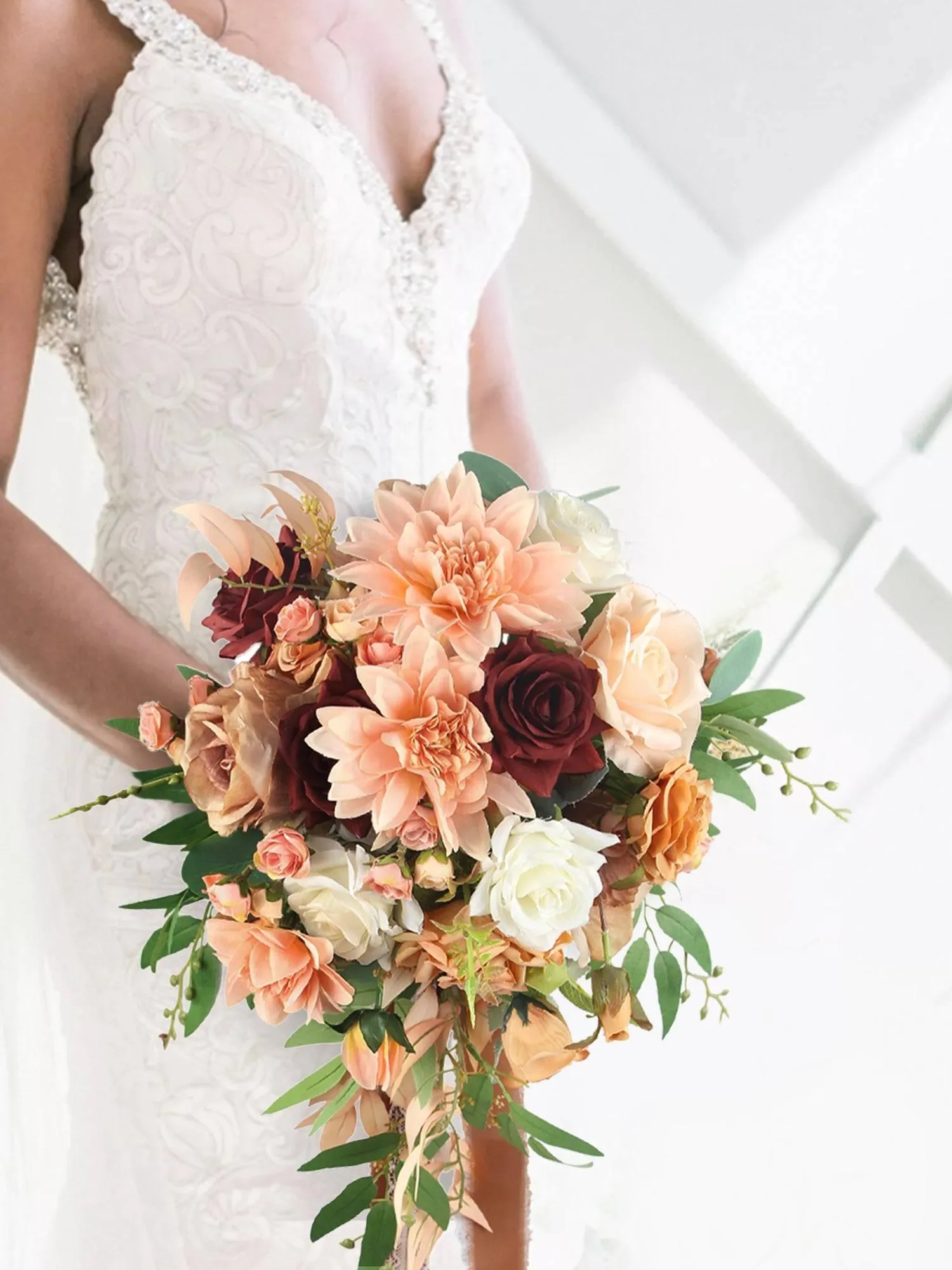 13 inch wide Coral Cascade Bridal Bouquet
