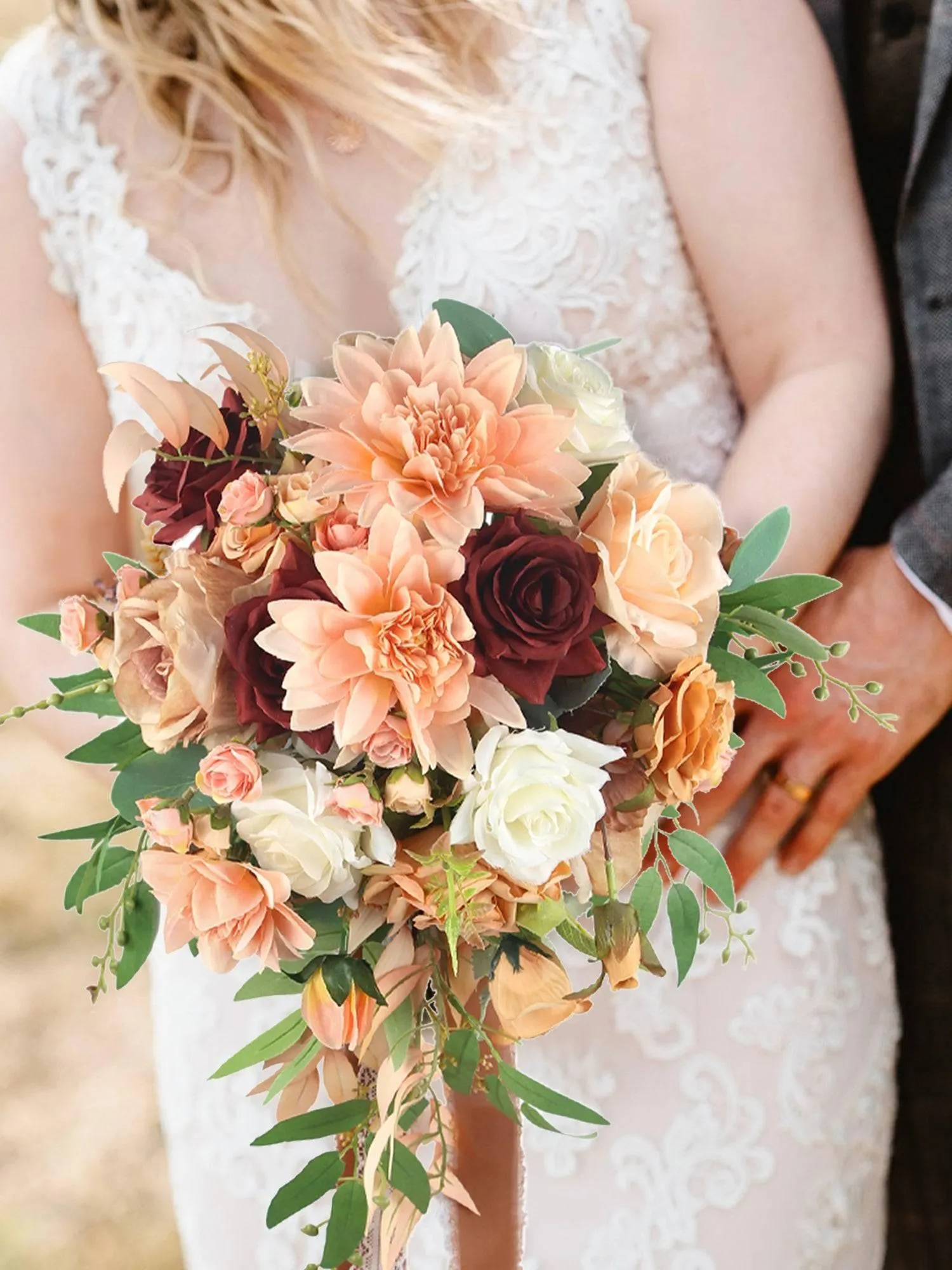 13 inch wide Coral Cascade Bridal Bouquet