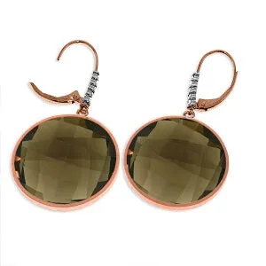 14K Solid Rose Gold Diamonds Leverback Earrings w/ Checkerboard Cut Smoky Quartz