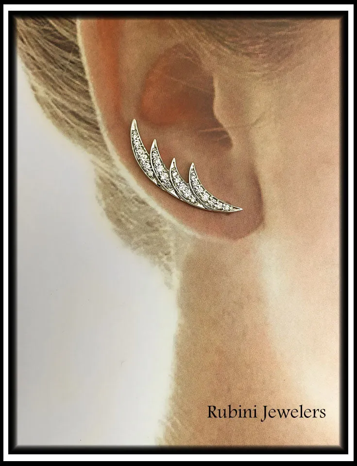 14Kt White Gold Wing Feather Diamond Ear Climbers / Earrings
