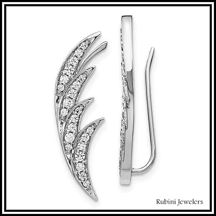 14Kt White Gold Wing Feather Diamond Ear Climbers / Earrings