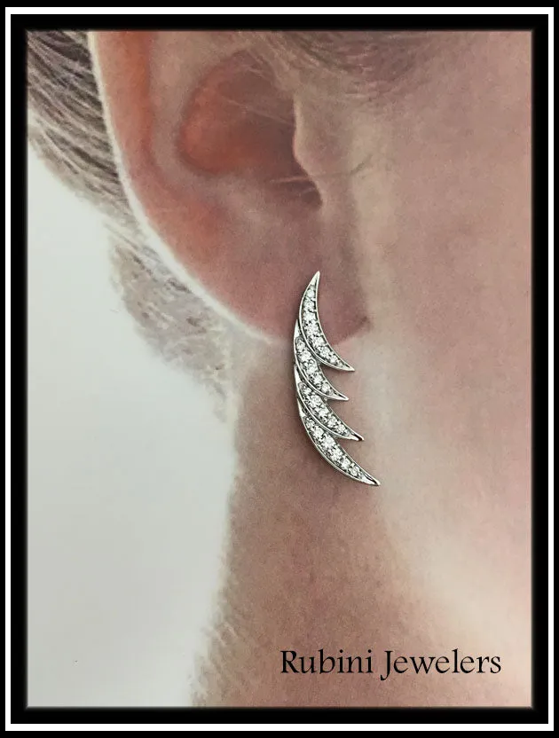 14Kt White Gold Wing Feather Diamond Ear Climbers / Earrings