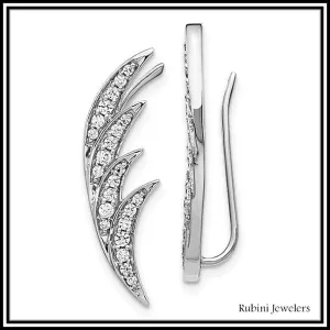 14Kt White Gold Wing Feather Diamond Ear Climbers / Earrings