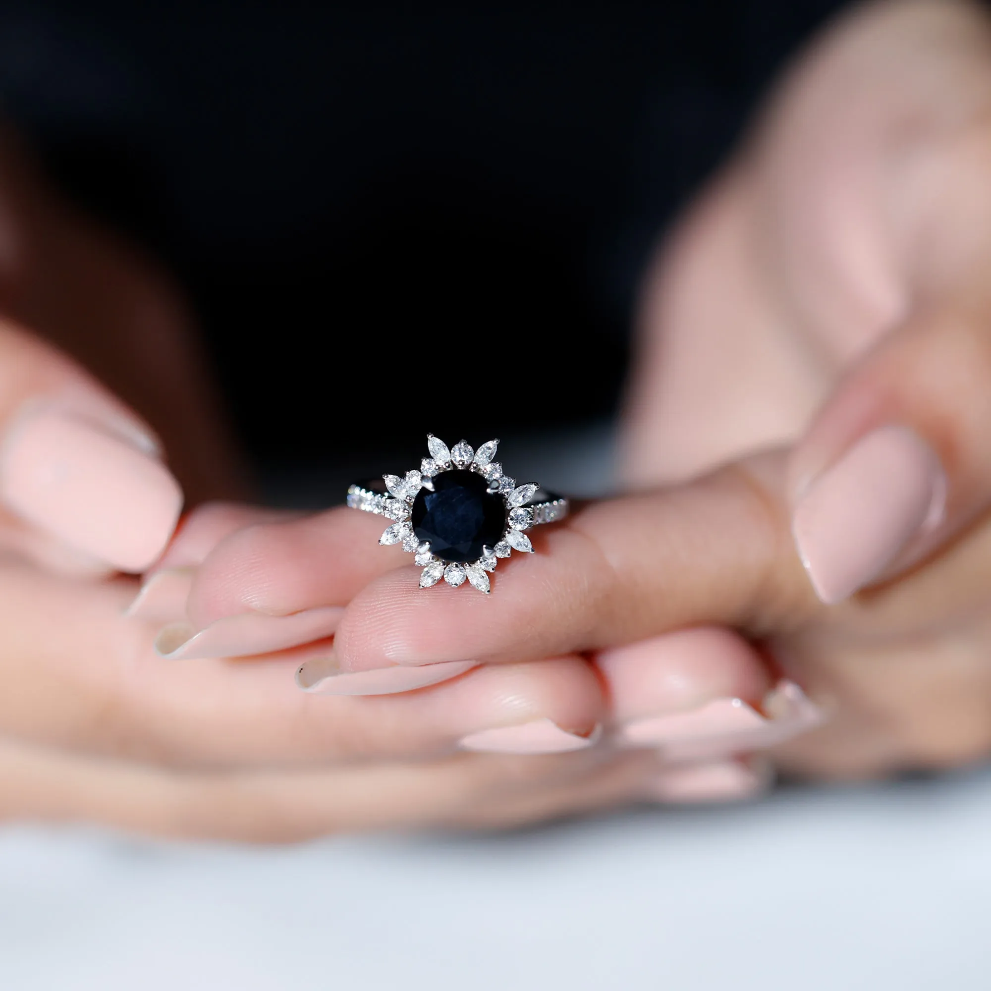 3 CT Round Black Onyx Statement Ring with Moissanite Floral Halo