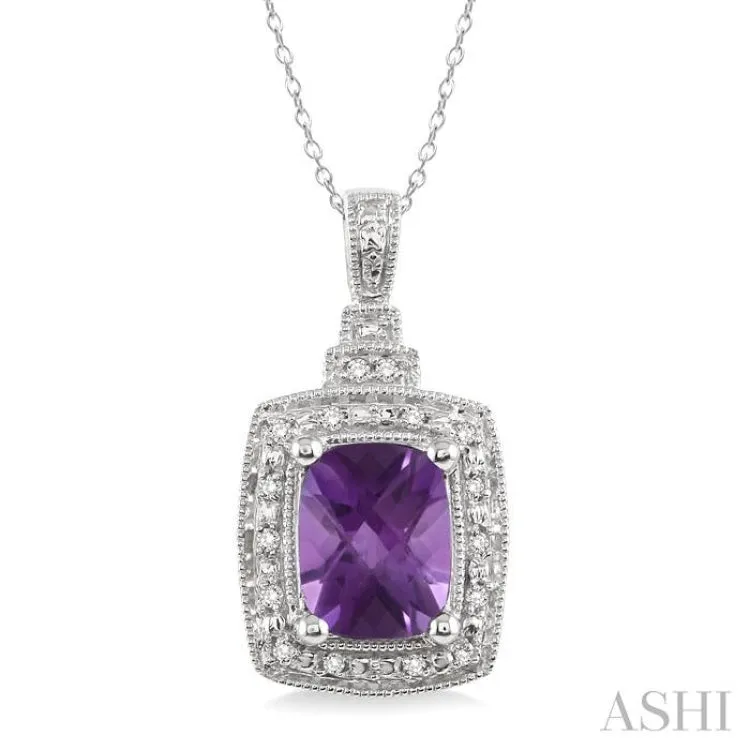 9x7 MM Cushion Shape Amethyst and 1/10 ctw Single Cut Diamond Pendant in Sterling Silver with Chain