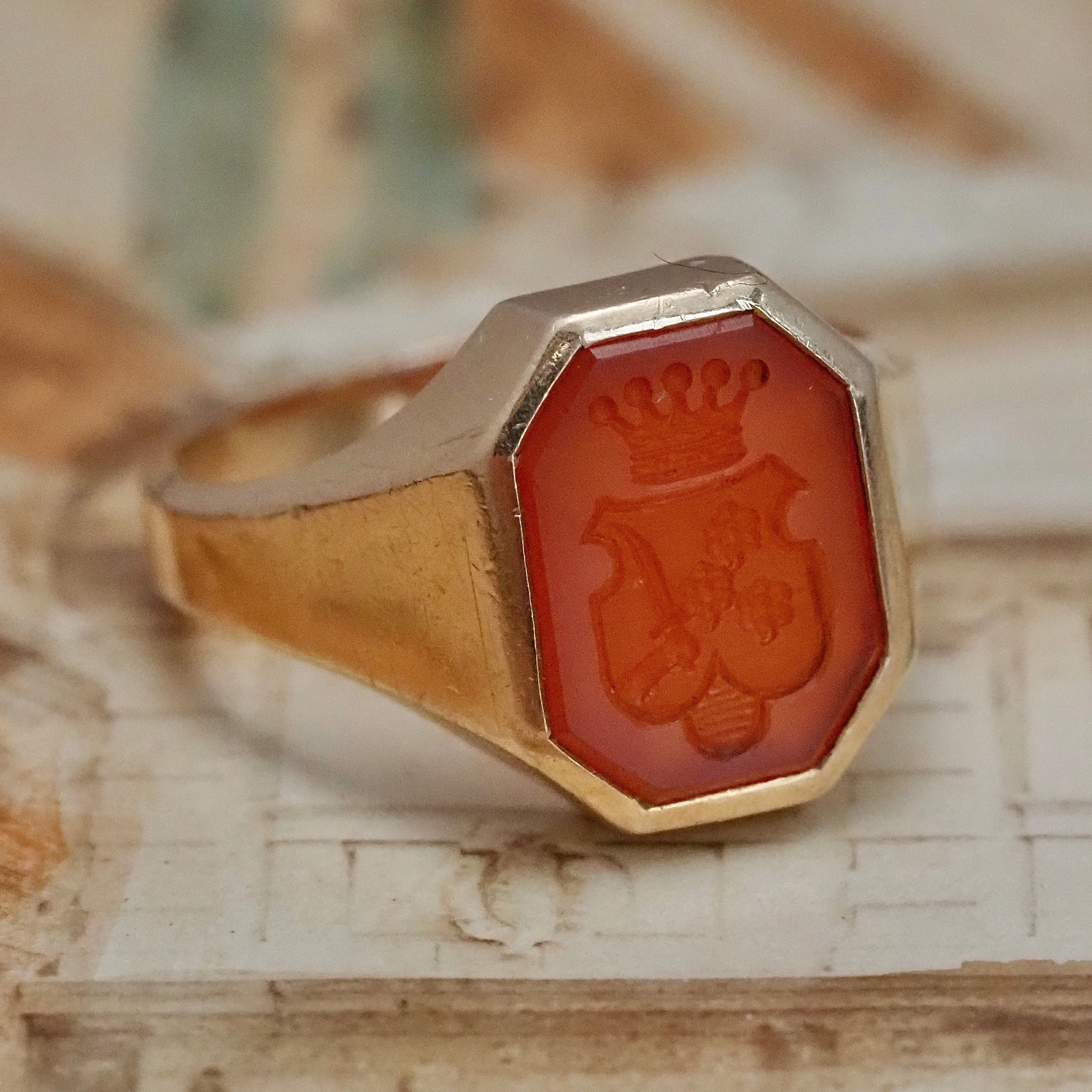 Antique Carnelian Intaglio Crest 14k Gold Signet Ring