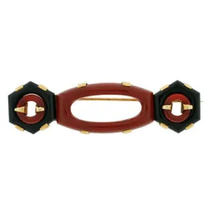Art Deco 14kt Carved Onyx & Carnelian Pin