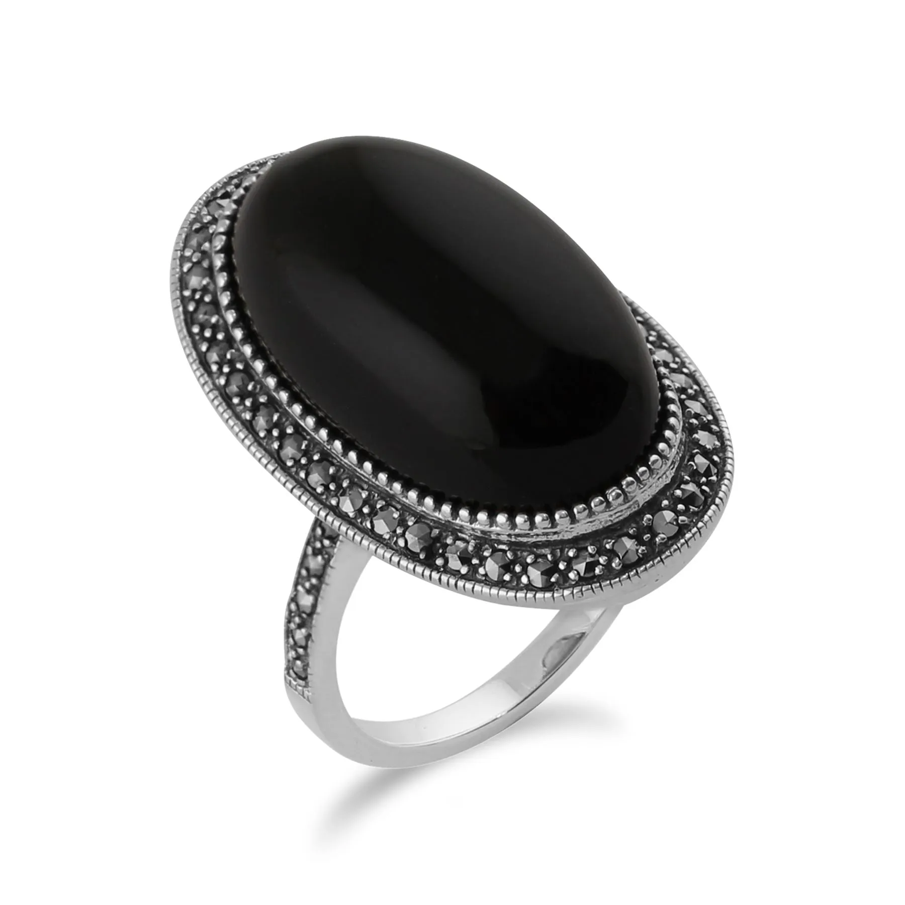 Art Deco Stil Markasit & Schwarzer Onyx Oval Ring in 925 Sterling Silber