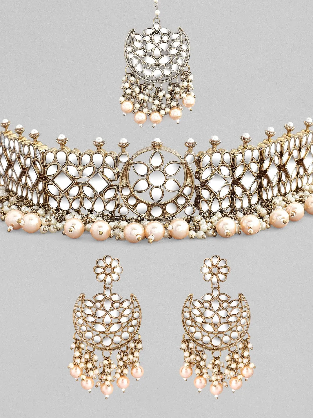 As Seen On - Rubans Gold Plated Handcrafted White Pearls With Mirror Choker Set.
