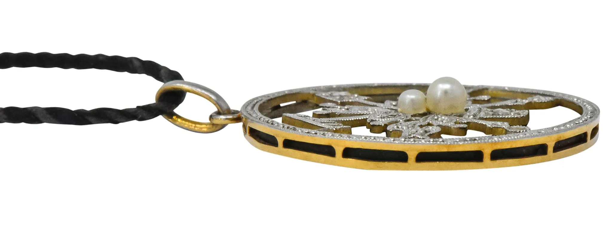 Belle Époque Diamond Onyx Platinum-Topped 18 Karat Gold French Flower Garden Pendant Necklace