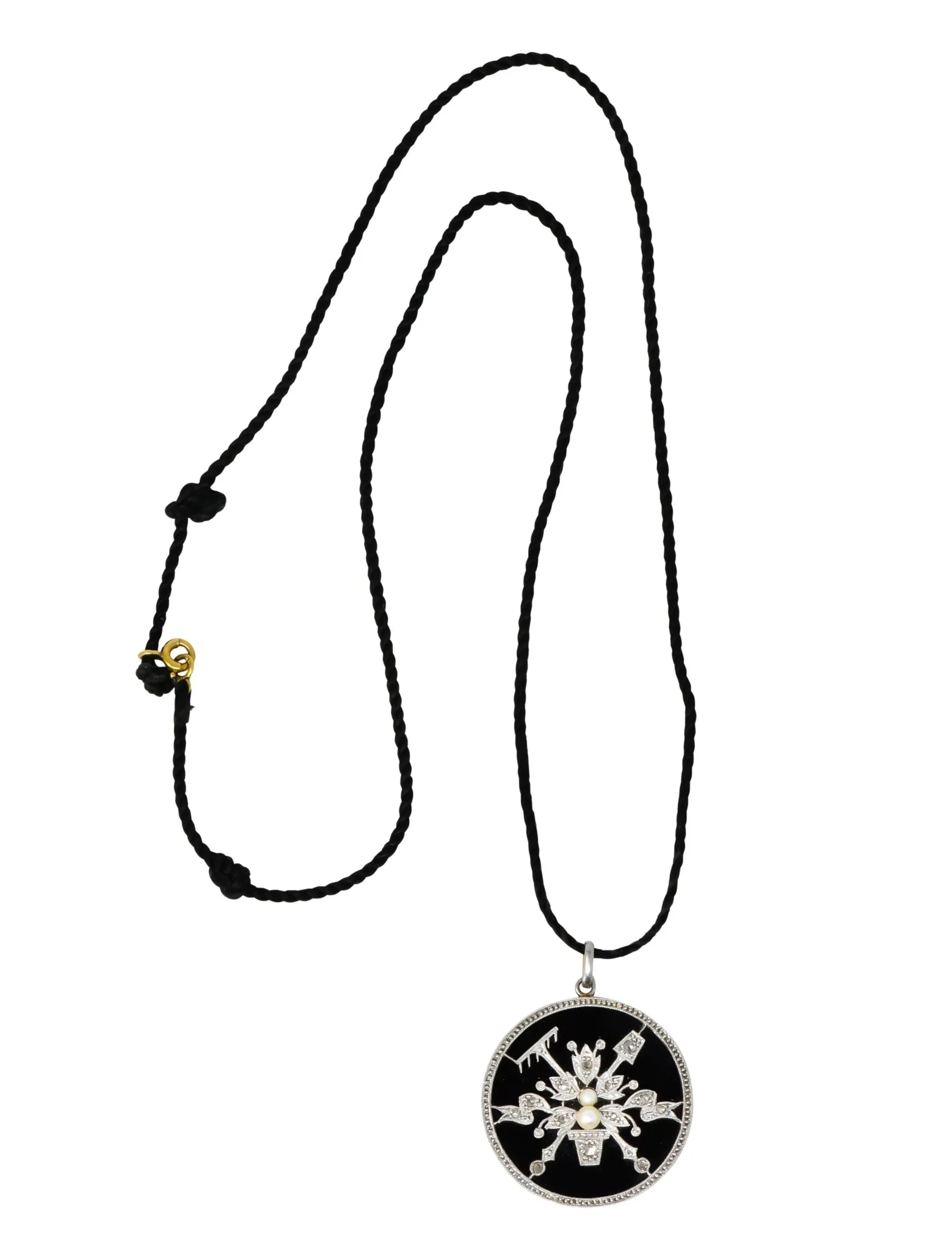Belle Époque Diamond Onyx Platinum-Topped 18 Karat Gold French Flower Garden Pendant Necklace
