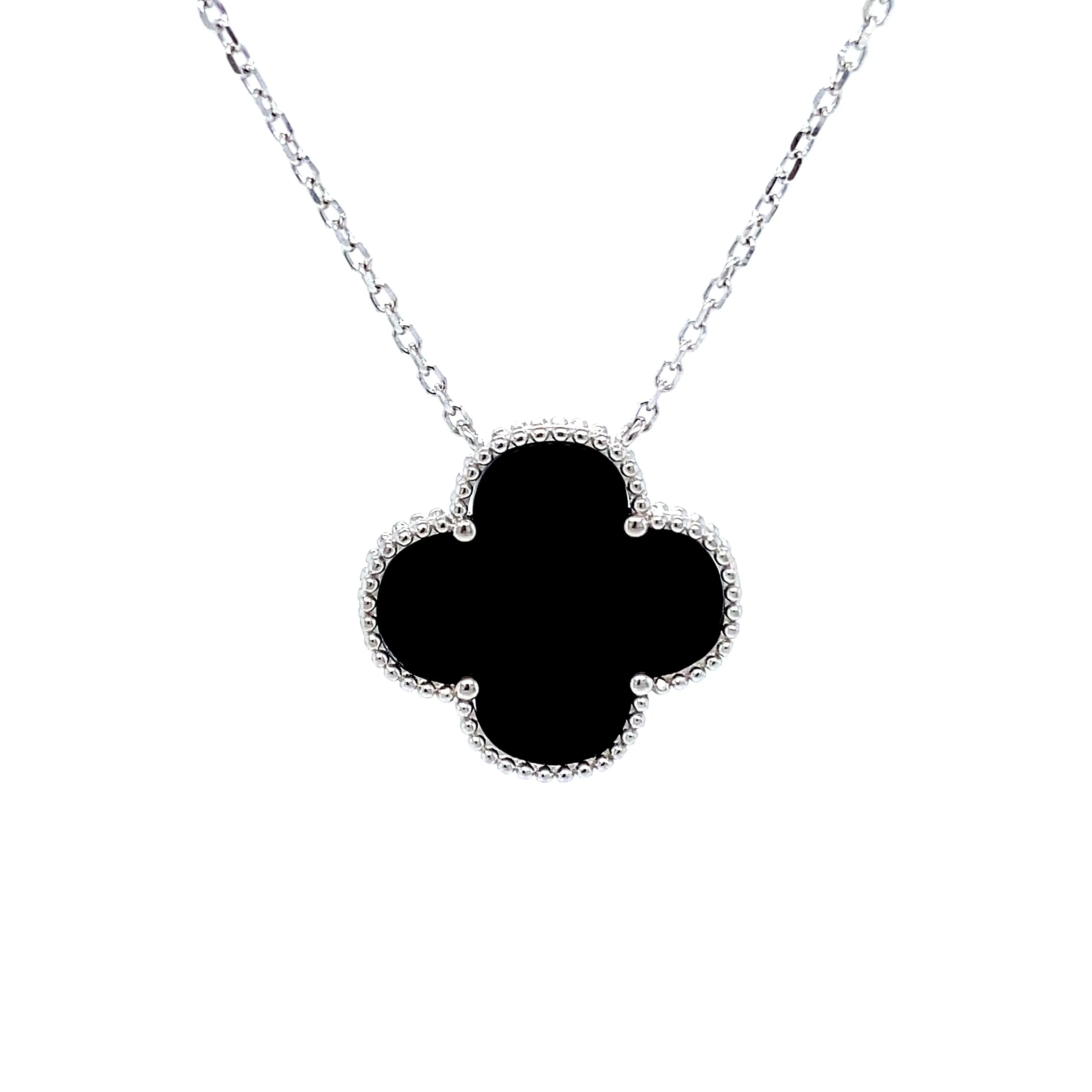 Black Onyx Clover Necklace in Silver