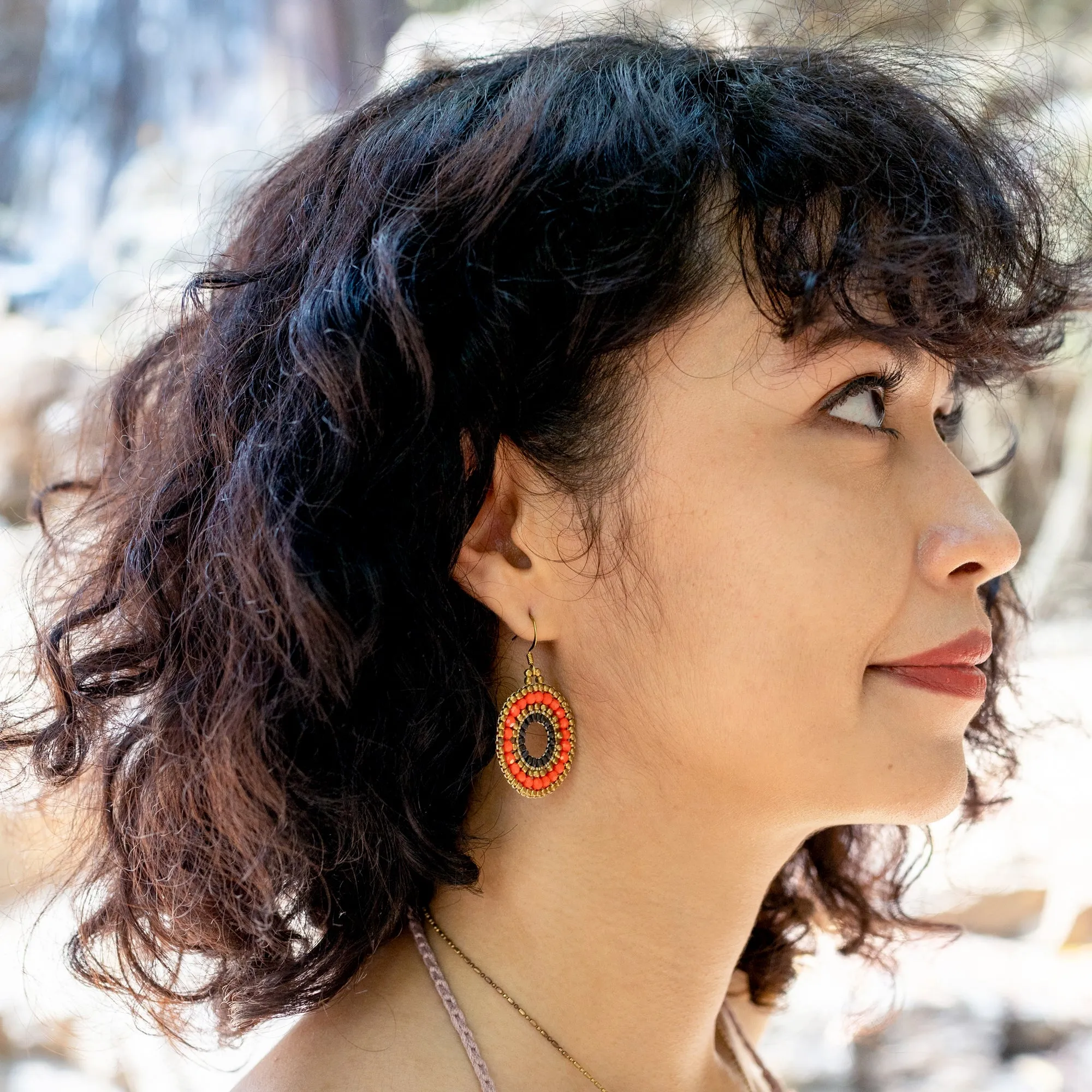 Circle Orange Beads Brass Earrings