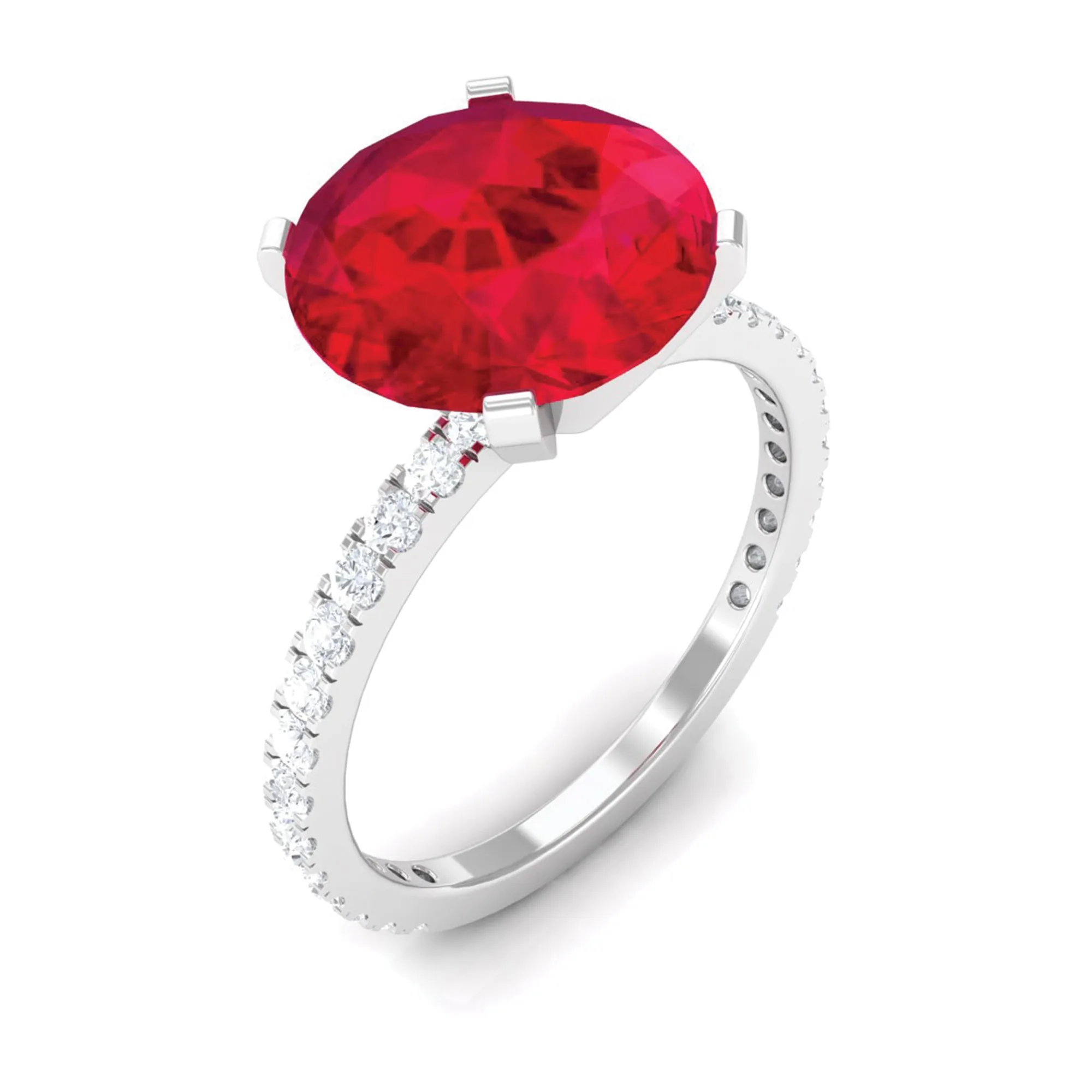 Created Ruby Solitaire Ring with Diamond Side Stones
