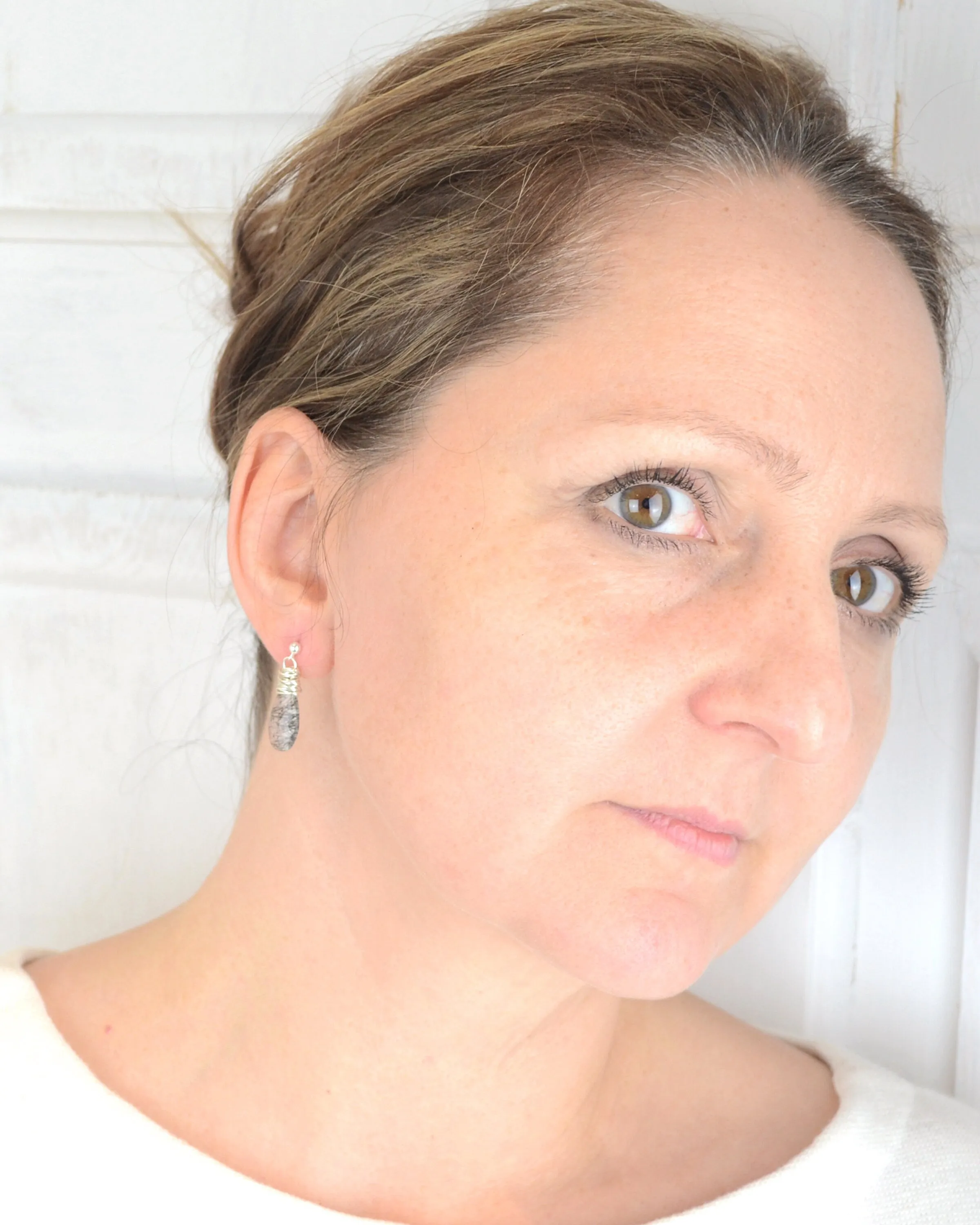 Dainty teardrop earrings, silver dangling stud earrings,  silver wire wrapped crystal quartz
