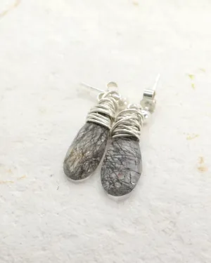 Dainty teardrop earrings, silver dangling stud earrings,  silver wire wrapped crystal quartz