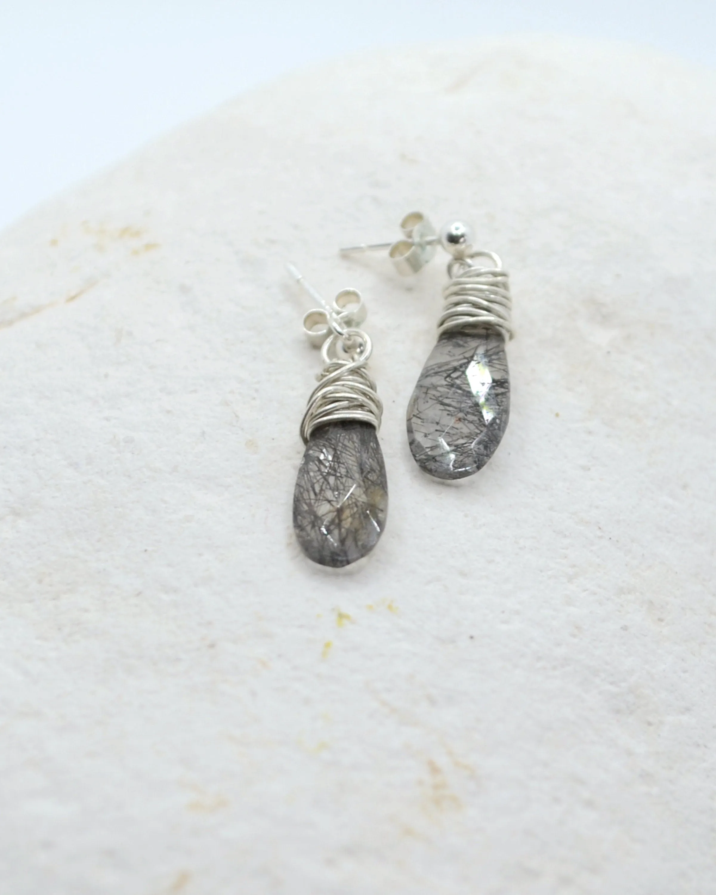 Dainty teardrop earrings, silver dangling stud earrings,  silver wire wrapped crystal quartz