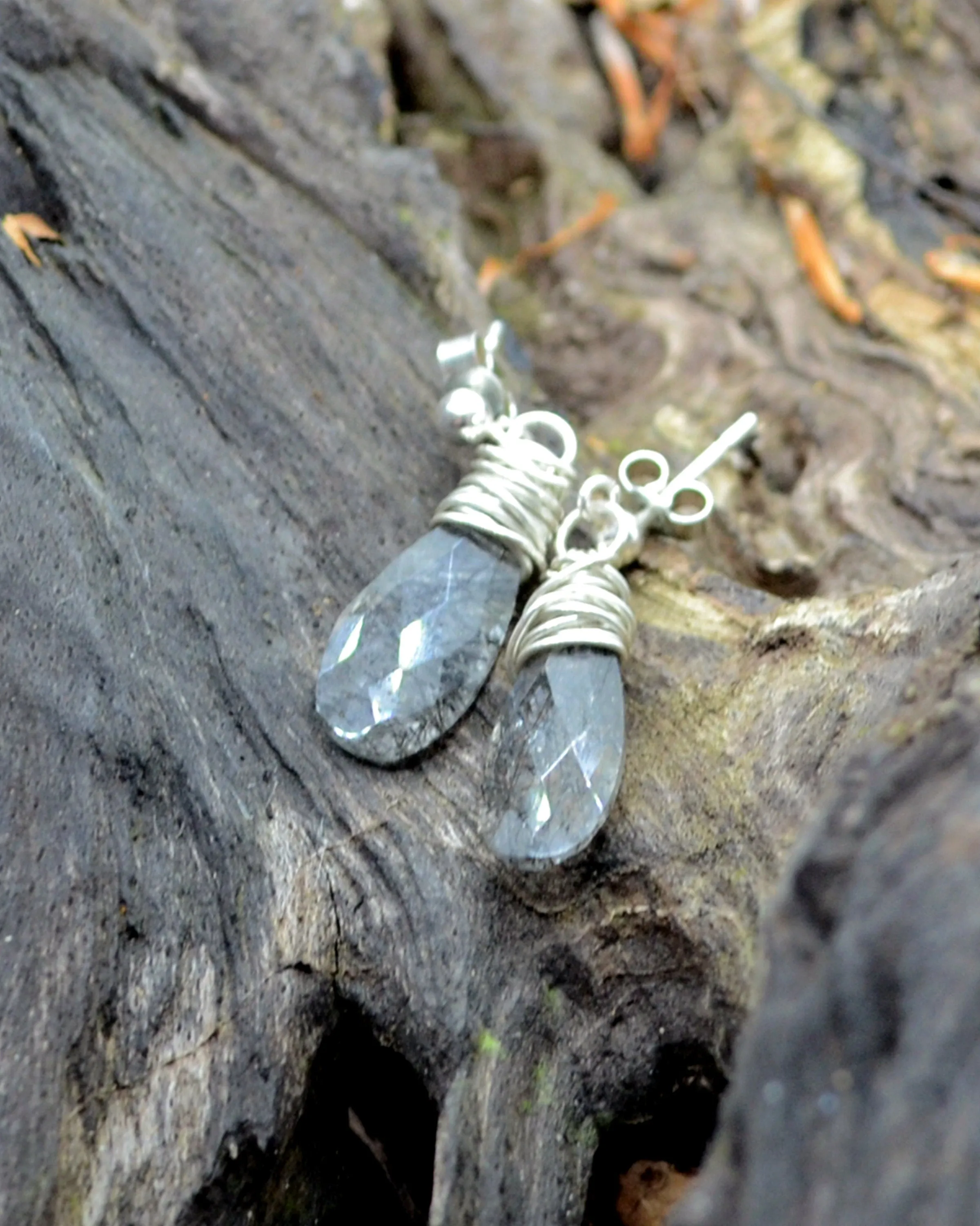 Dainty teardrop earrings, silver dangling stud earrings,  silver wire wrapped crystal quartz