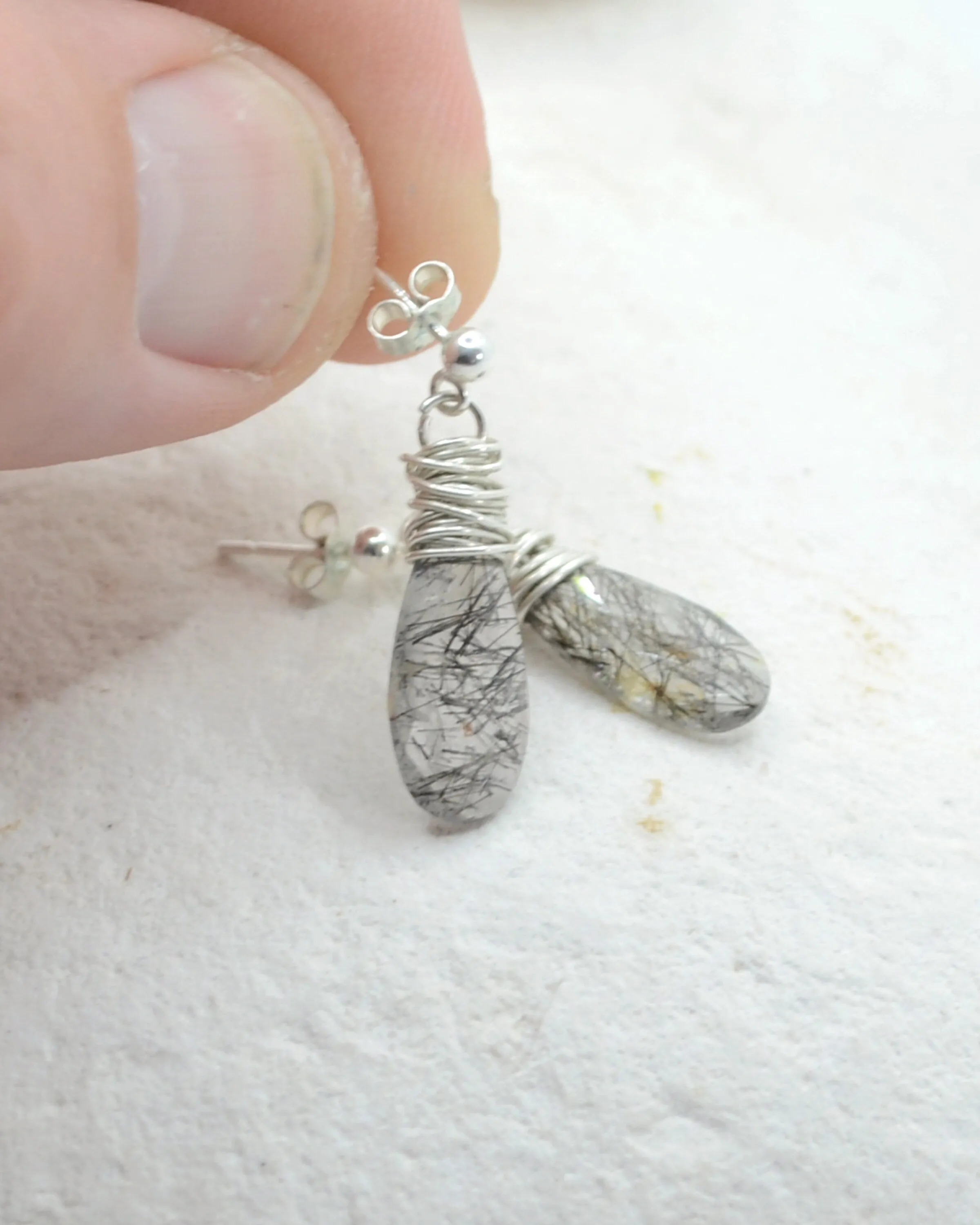 Dainty teardrop earrings, silver dangling stud earrings,  silver wire wrapped crystal quartz