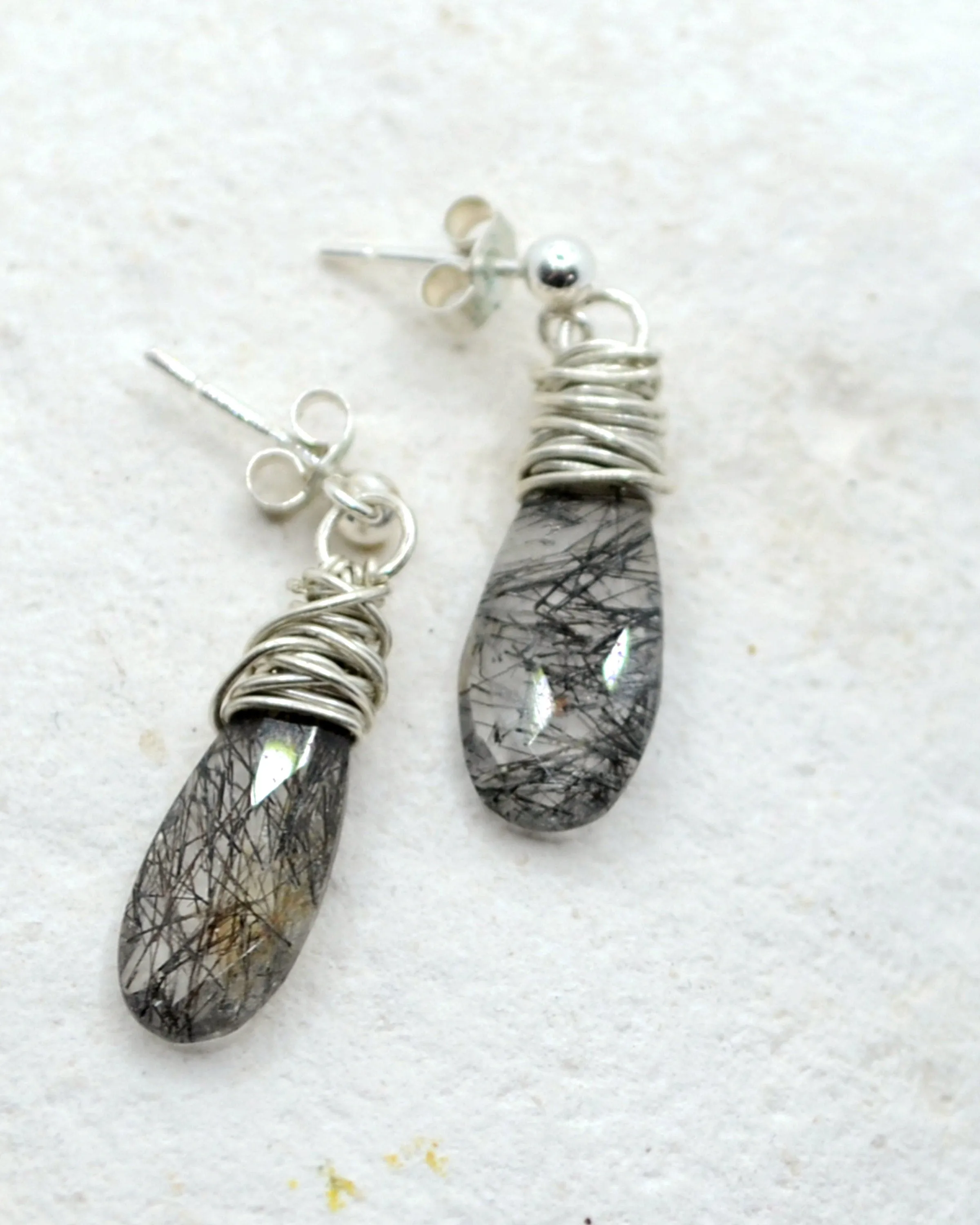 Dainty teardrop earrings, silver dangling stud earrings,  silver wire wrapped crystal quartz
