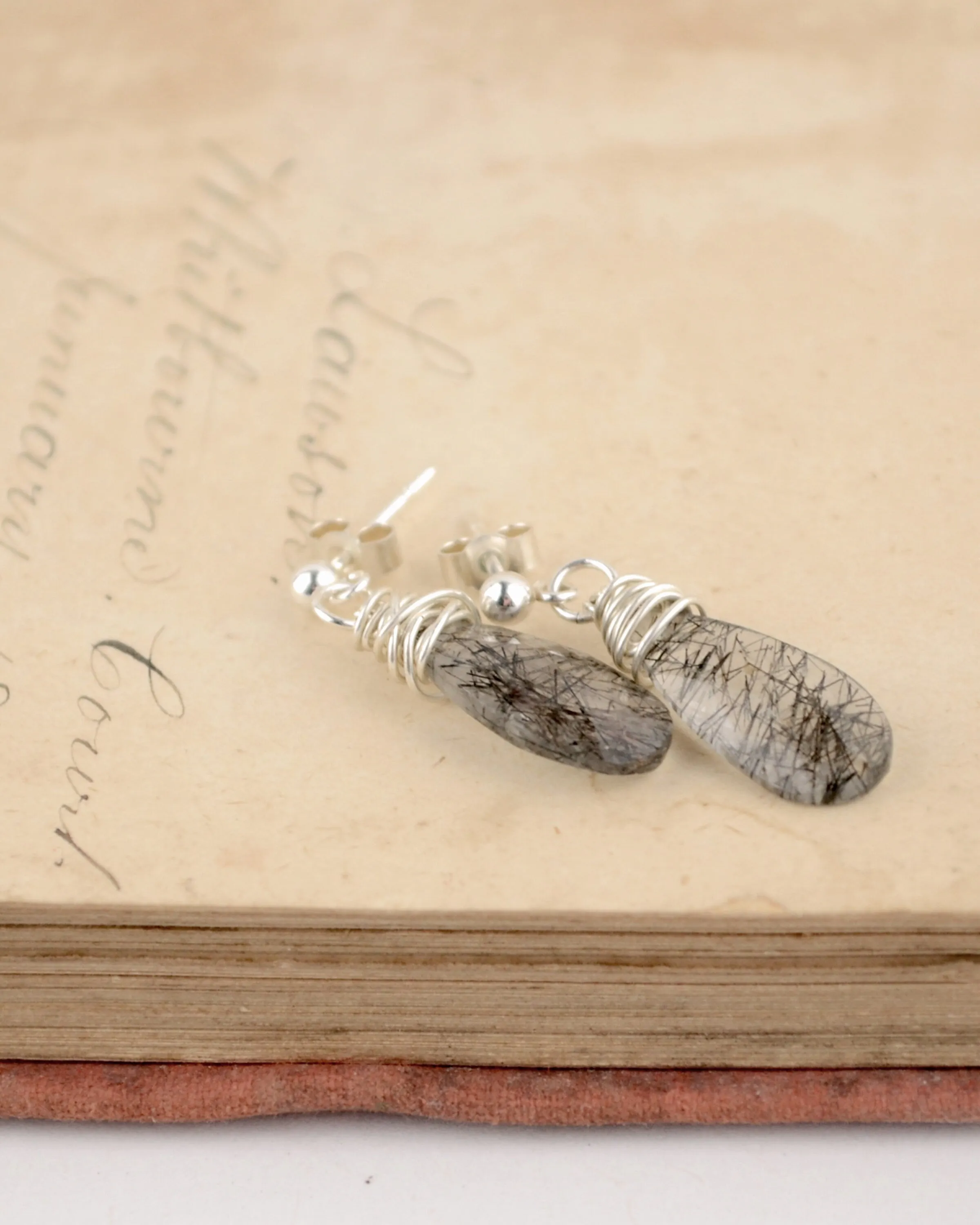 Dainty teardrop earrings, silver dangling stud earrings,  silver wire wrapped crystal quartz