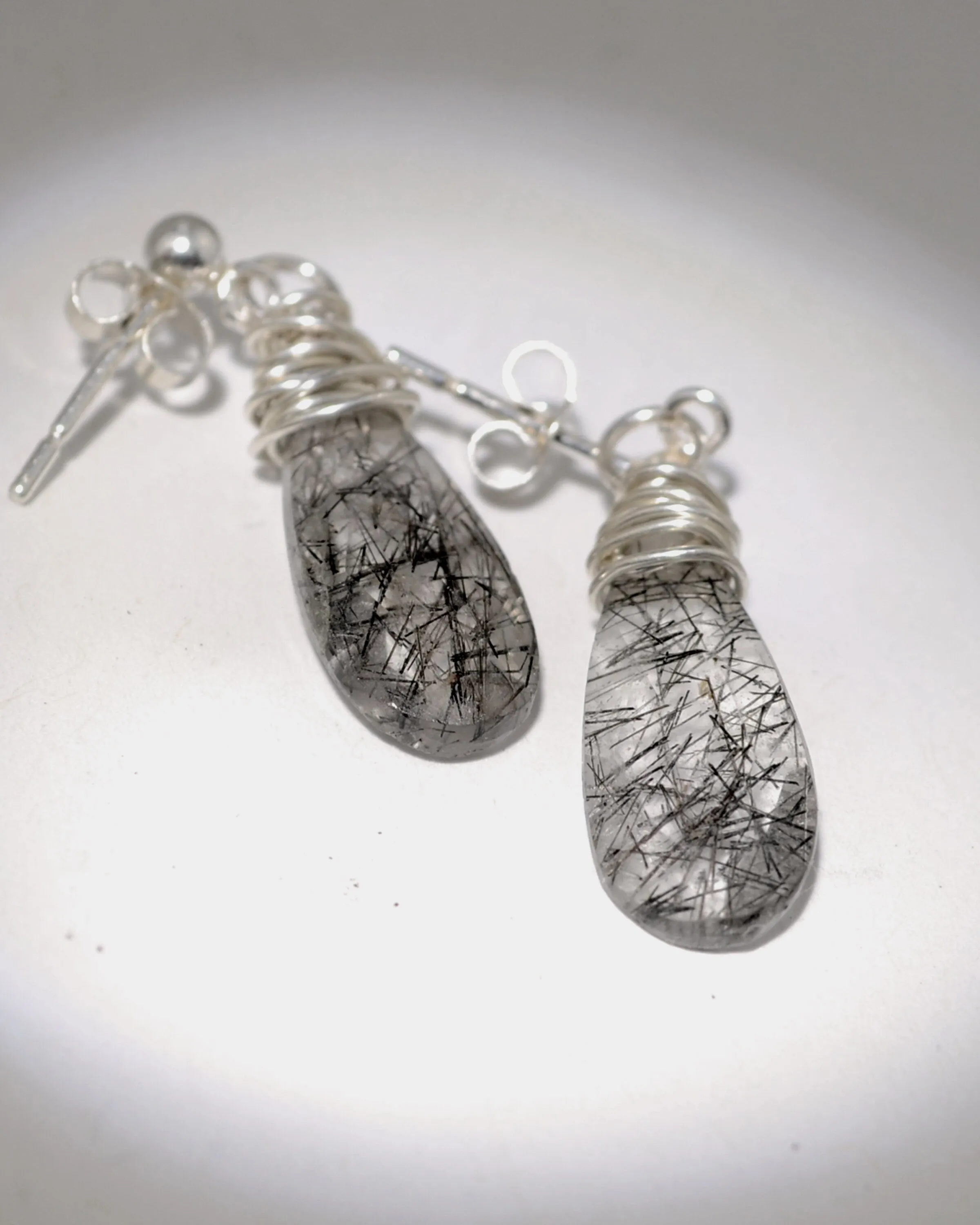 Dainty teardrop earrings, silver dangling stud earrings,  silver wire wrapped crystal quartz