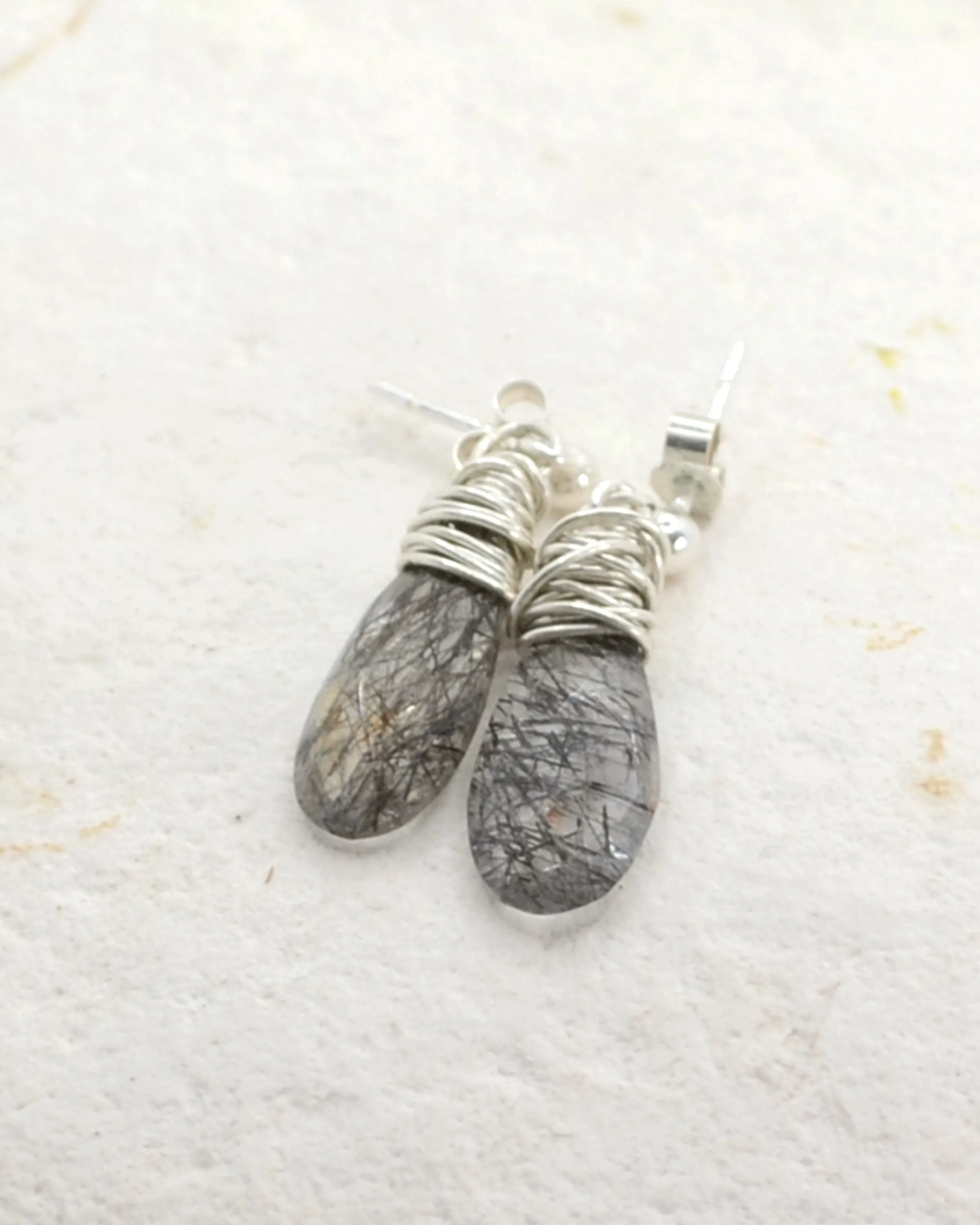 Dainty teardrop earrings, silver dangling stud earrings,  silver wire wrapped crystal quartz