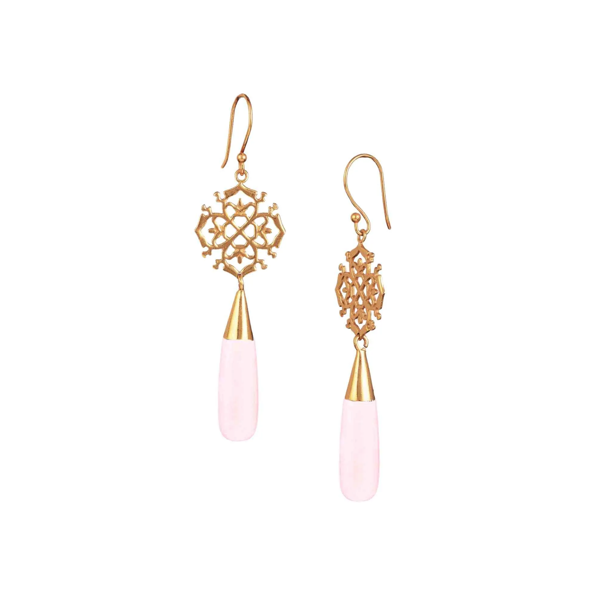 Dew Drops Filigree & Rose Quartz Drop Statement Earrings Gold