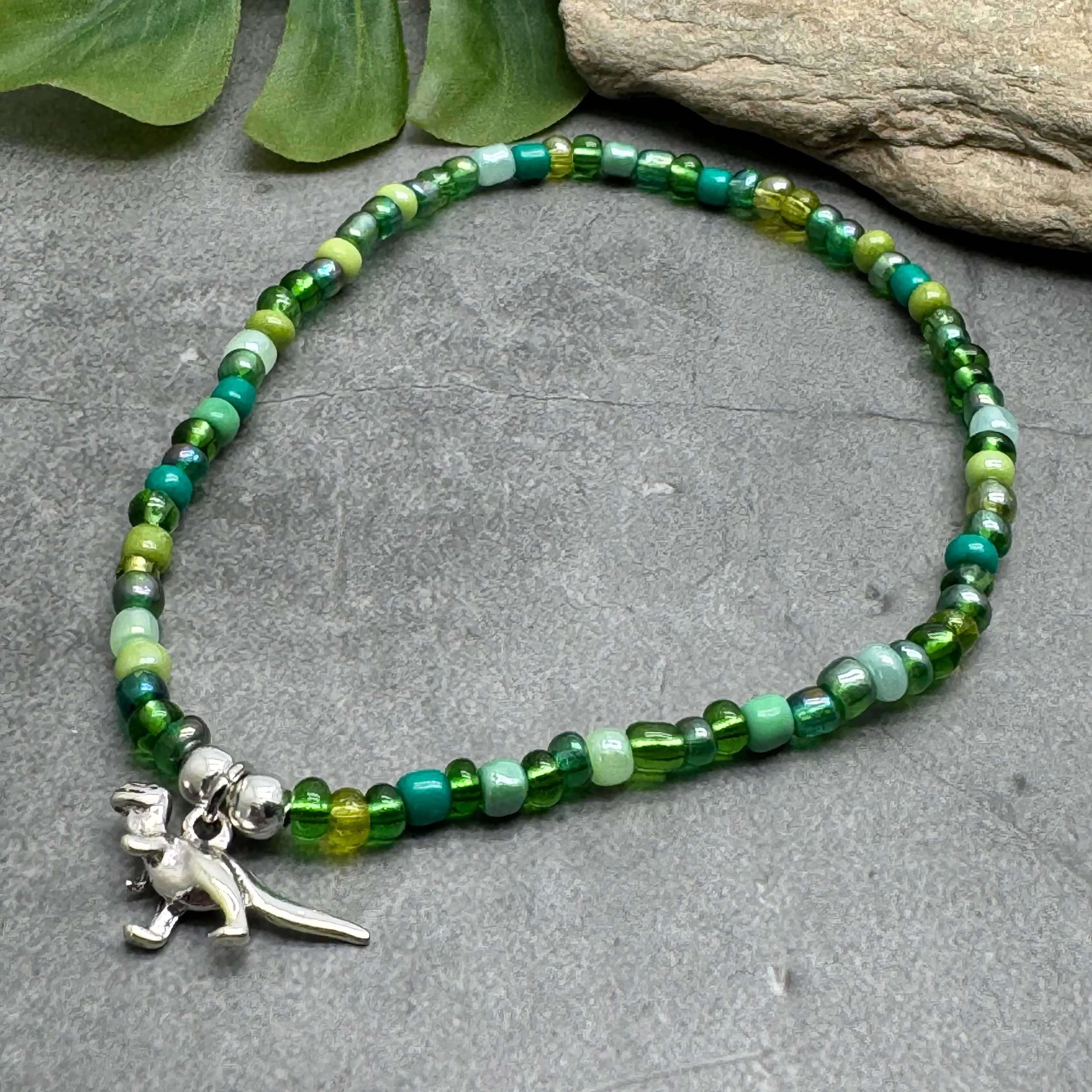Dinosaur Charm Seed Bead Anklet - Colour Choice
