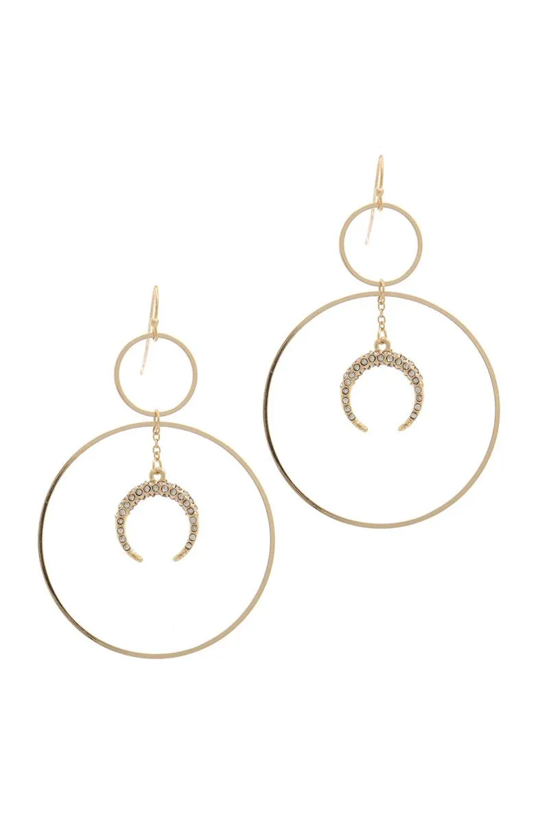 Double Circle Crescent Moon Charm Dangle Drop Earring