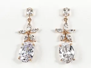 Elegant Oval & Star Mix Shape CZ Dangle Gold Tone Brass Earrings