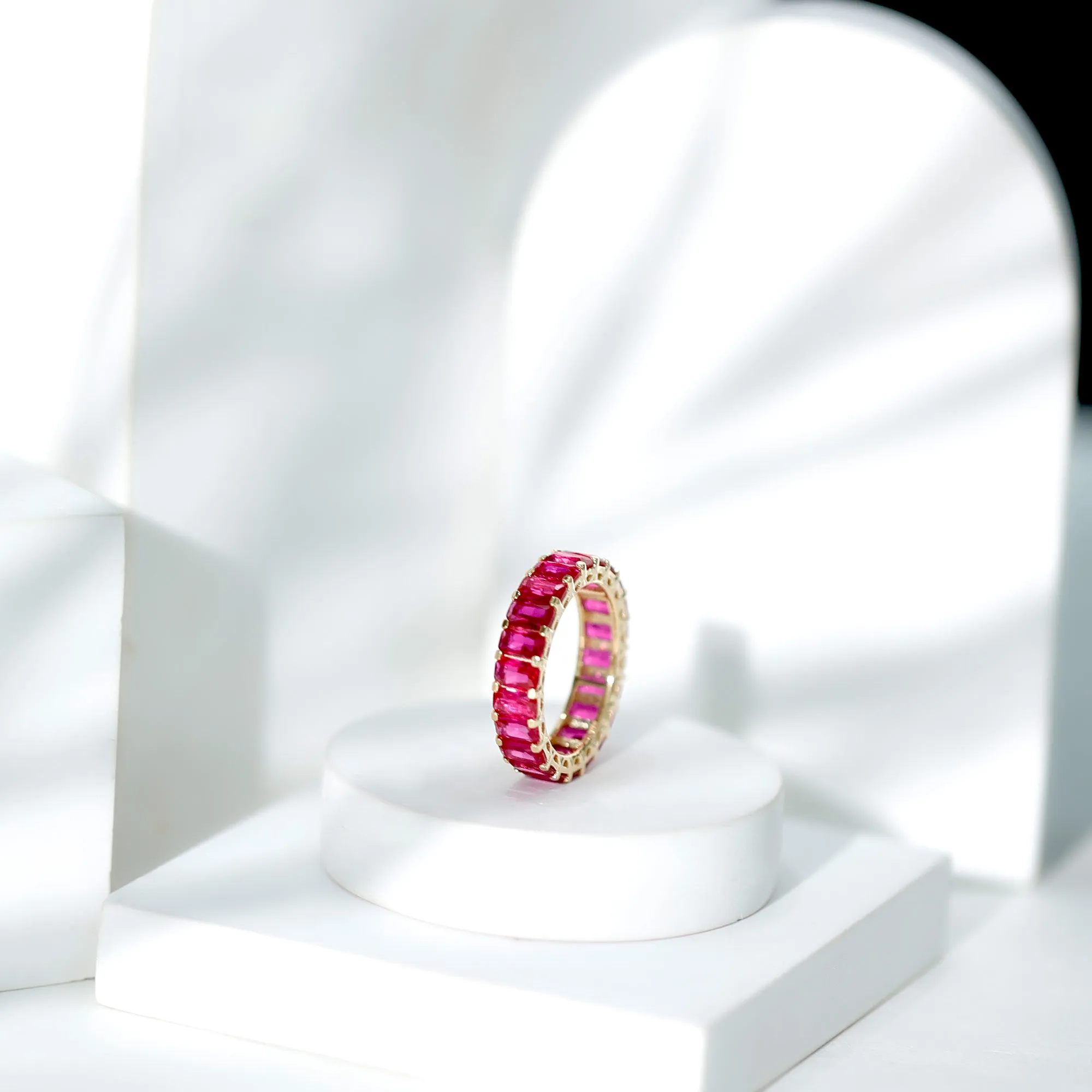 Emerald Cut Lab Grown Ruby Full Eternity Wide Band Ring
