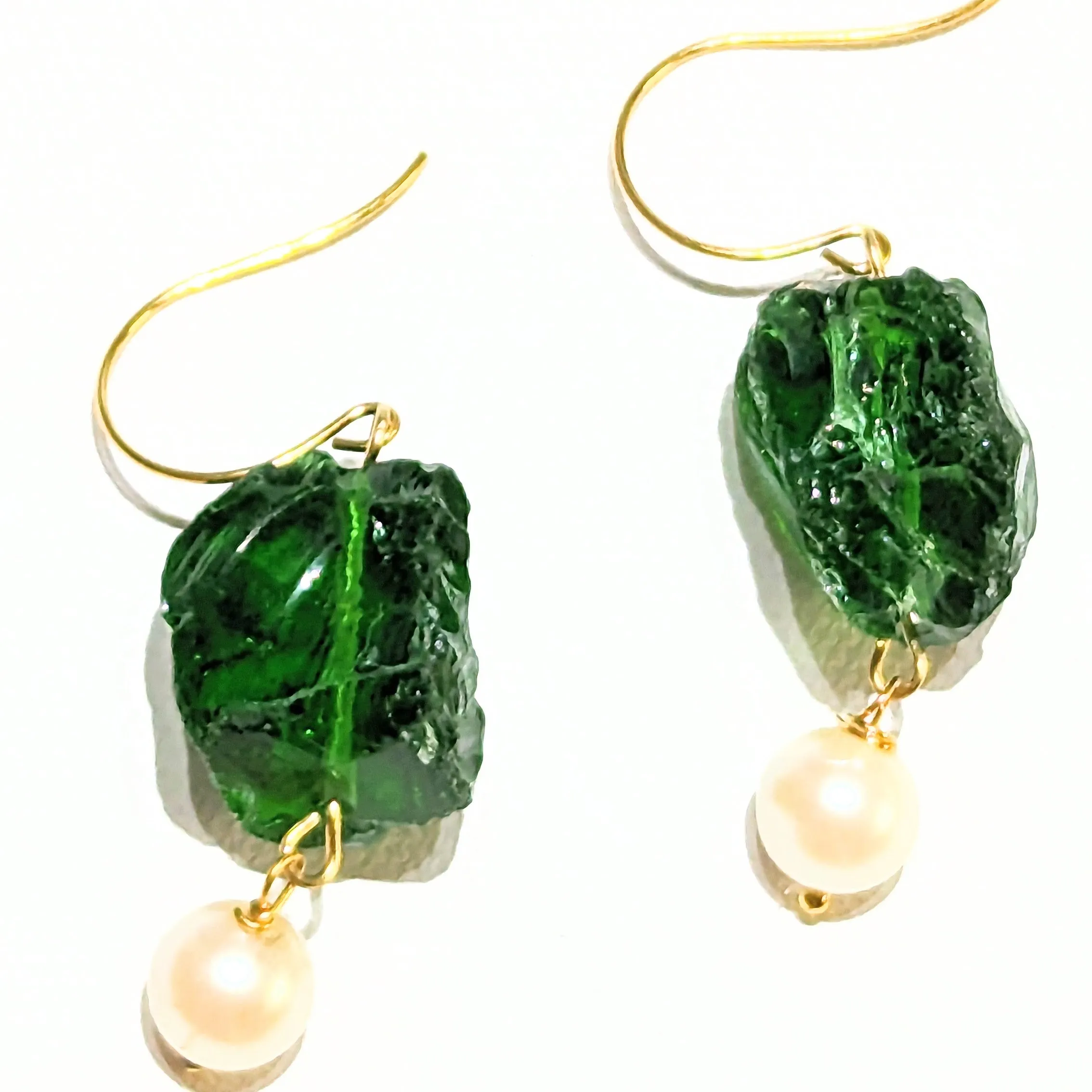 Emerald Green Rough Glass Nuggets with a Vintage Pearl Wiggle Adult Unisex Earrings USA made Gay Isber Free gift bag