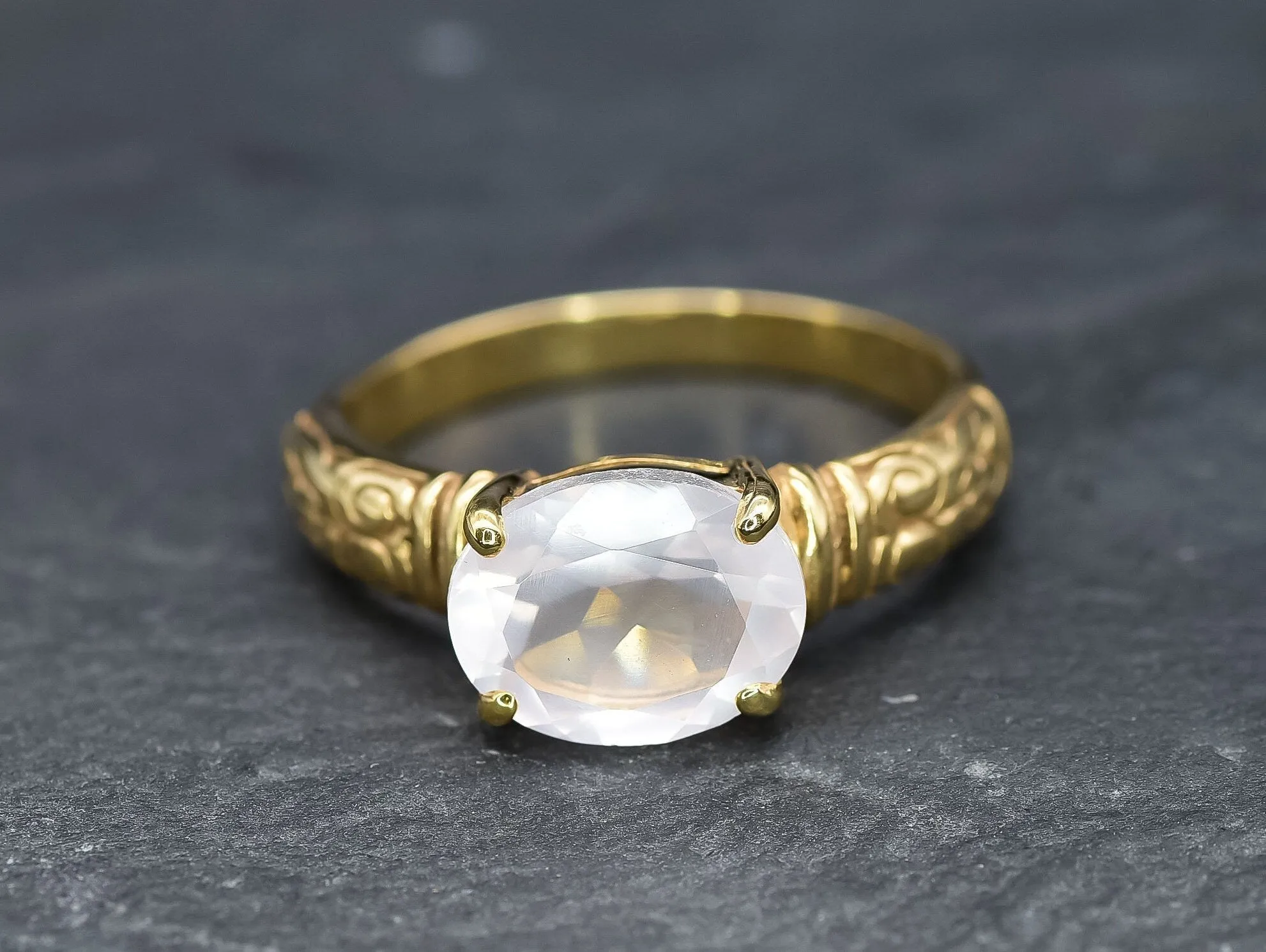 Gold Quartz Ring - Rose Quartz Ring - Pink Horizontal Ring