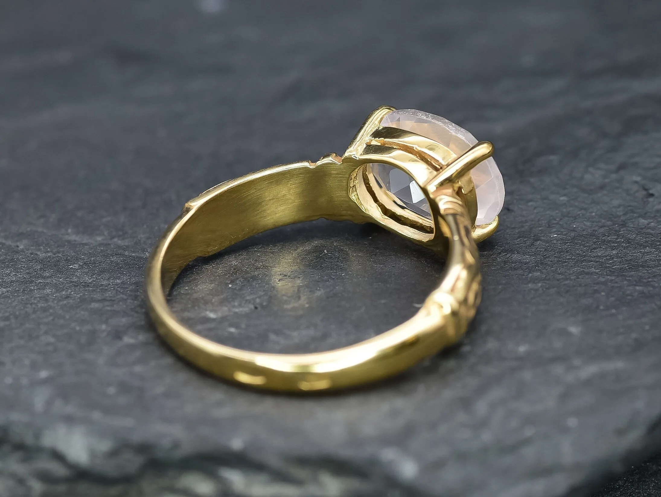 Gold Quartz Ring - Rose Quartz Ring - Pink Horizontal Ring