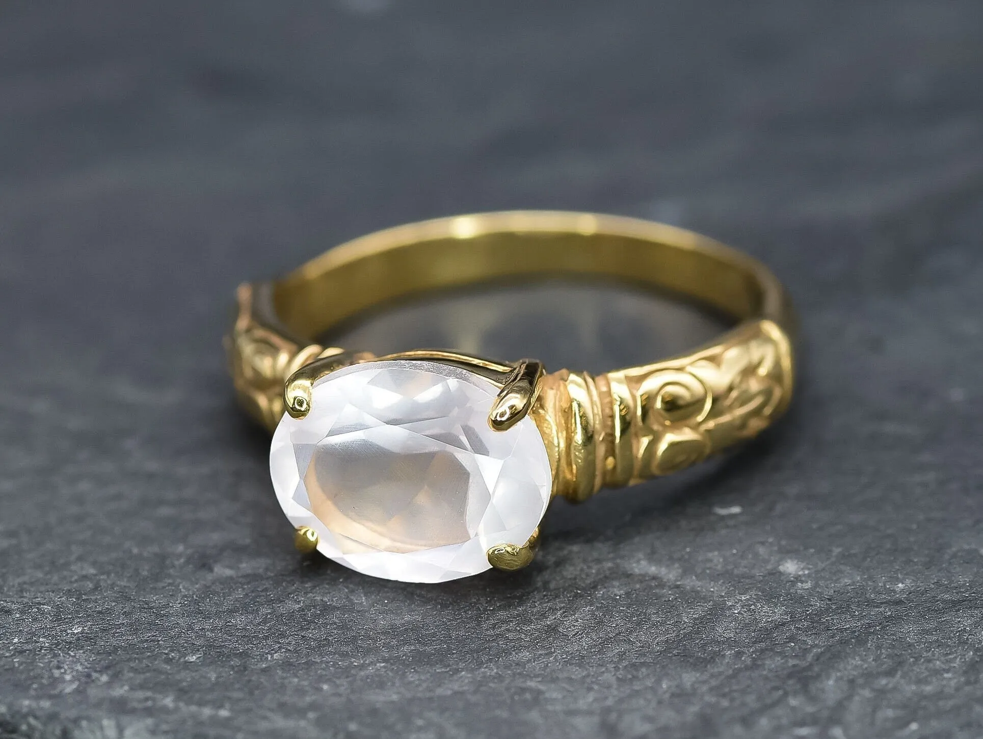 Gold Quartz Ring - Rose Quartz Ring - Pink Horizontal Ring