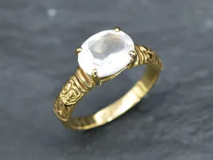 Gold Quartz Ring - Rose Quartz Ring - Pink Horizontal Ring