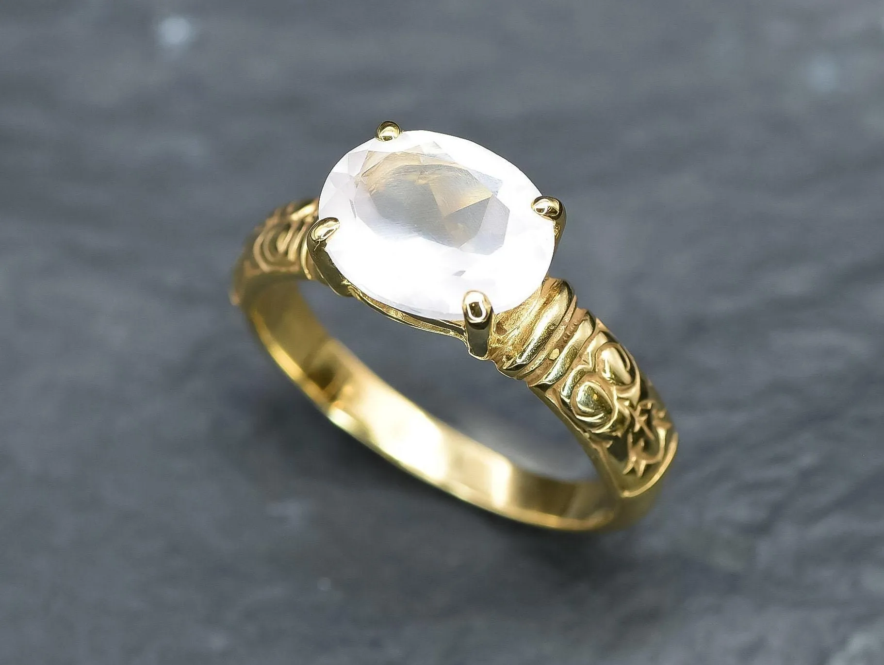 Gold Quartz Ring - Rose Quartz Ring - Pink Horizontal Ring