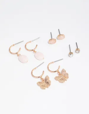 Gold Rose Quartz Butterfly Stacker Earrings