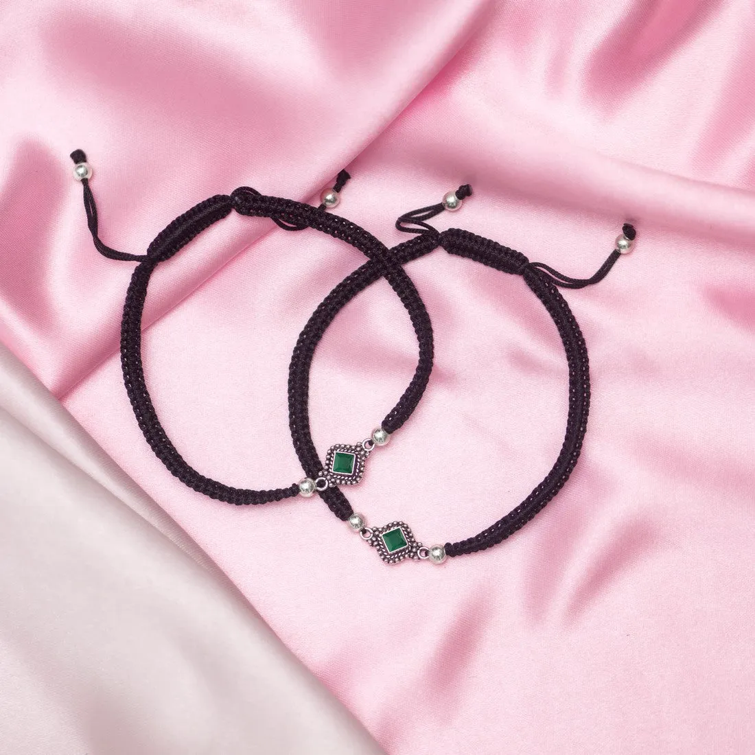Green CZ Rhodium Plated 925 Sterling Silver Thread Anklet