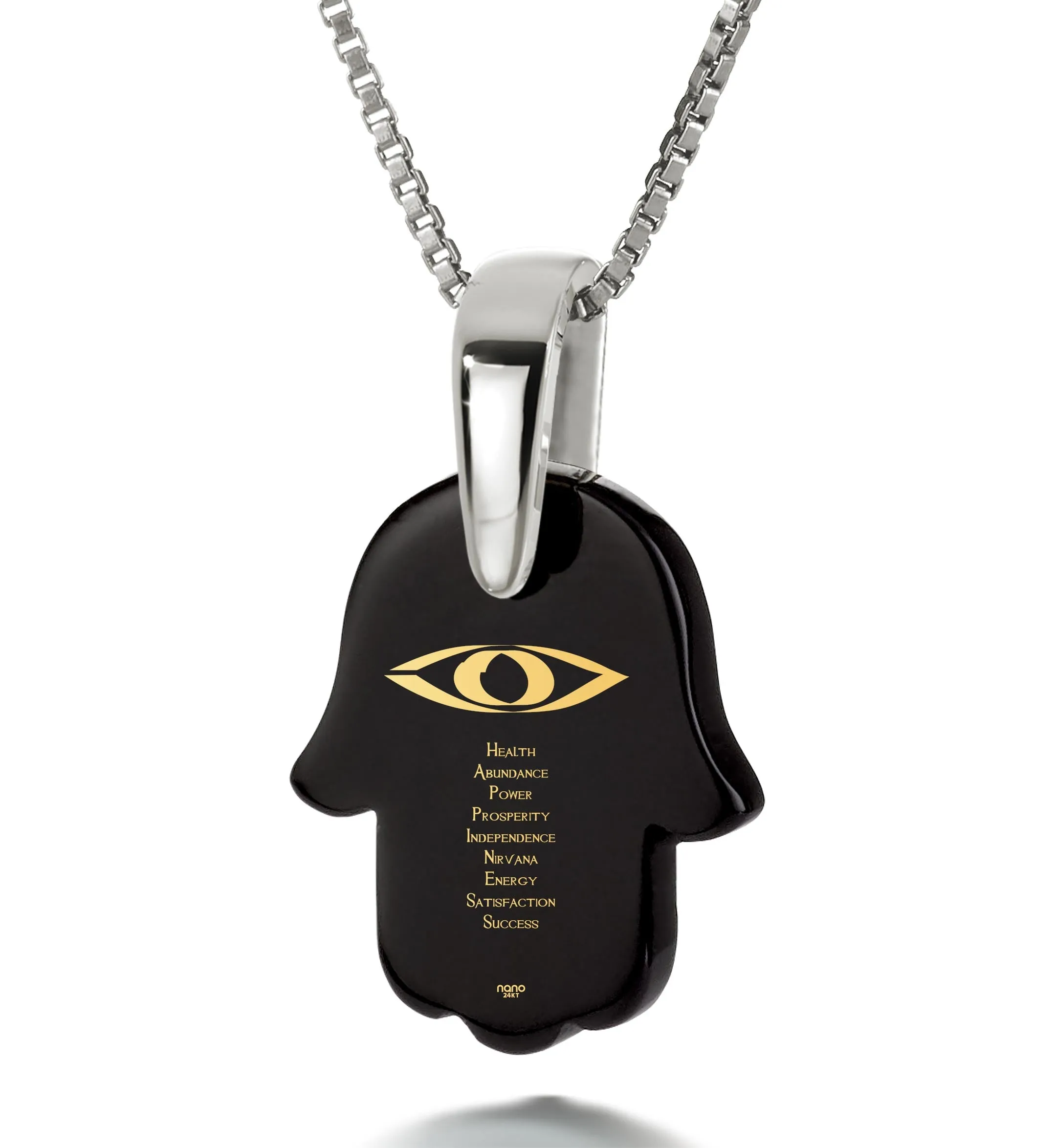 Hamsa Necklace Happiness Acronym Charm Pendant 24k Gold Inscribed