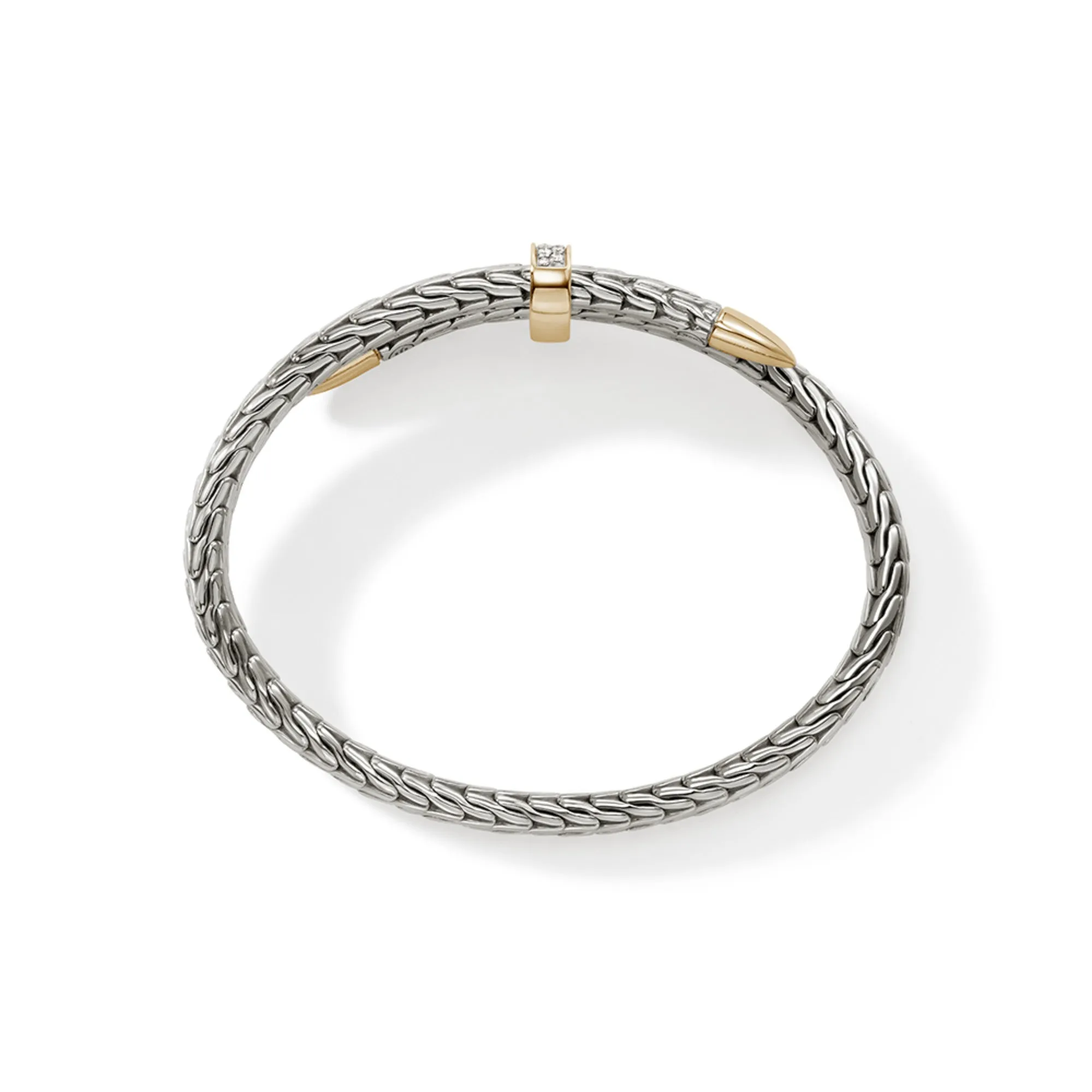 JOHN HARDY STERLING SILVER AND 14K YELLOW GOLD PAVE SPEAR FLEX CUFF DOUBLE BRACELET