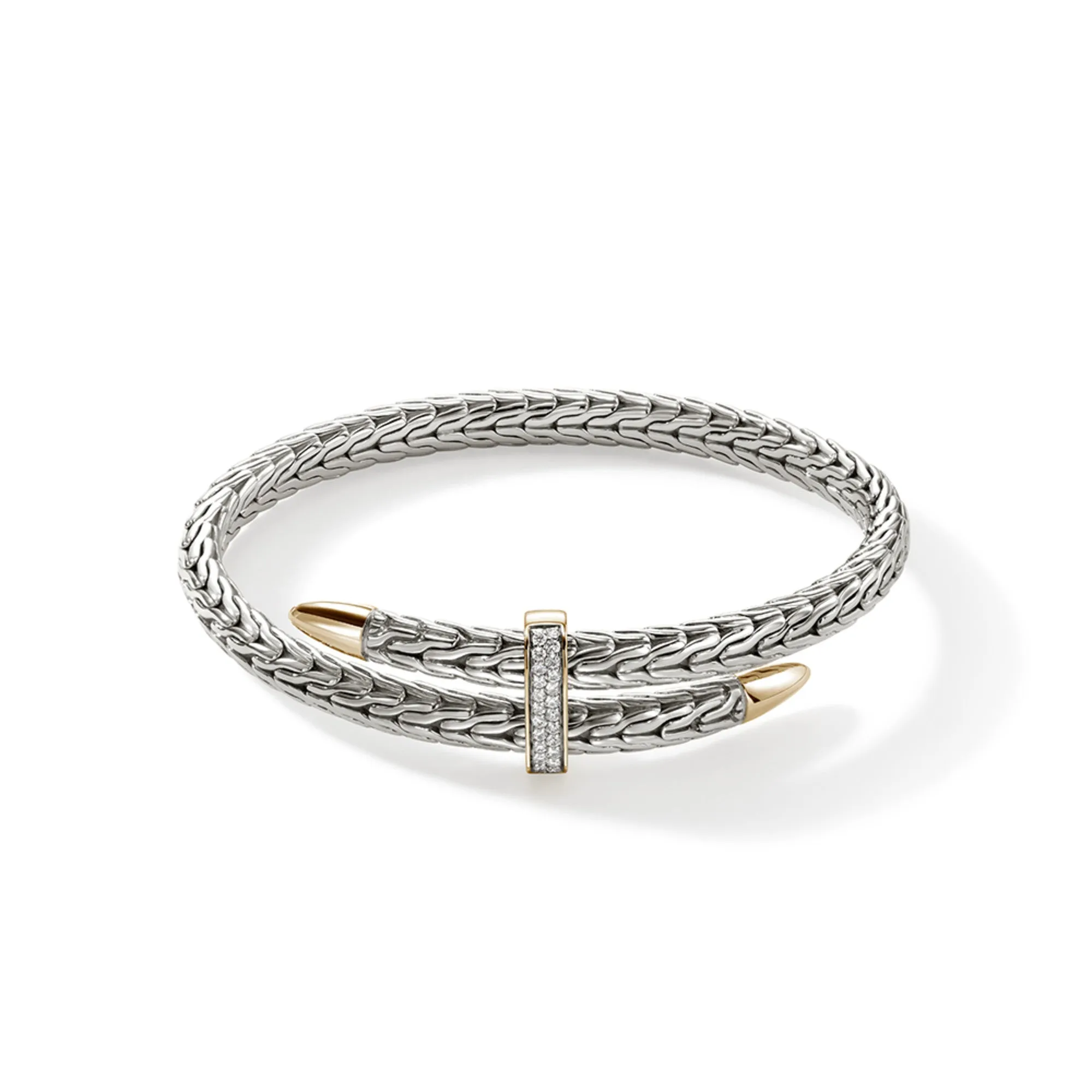 JOHN HARDY STERLING SILVER AND 14K YELLOW GOLD PAVE SPEAR FLEX CUFF DOUBLE BRACELET
