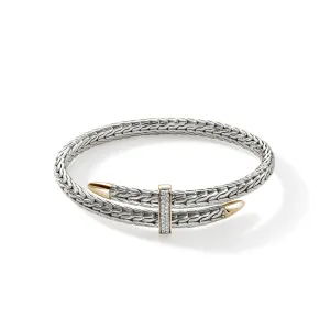 JOHN HARDY STERLING SILVER AND 14K YELLOW GOLD PAVE SPEAR FLEX CUFF DOUBLE BRACELET
