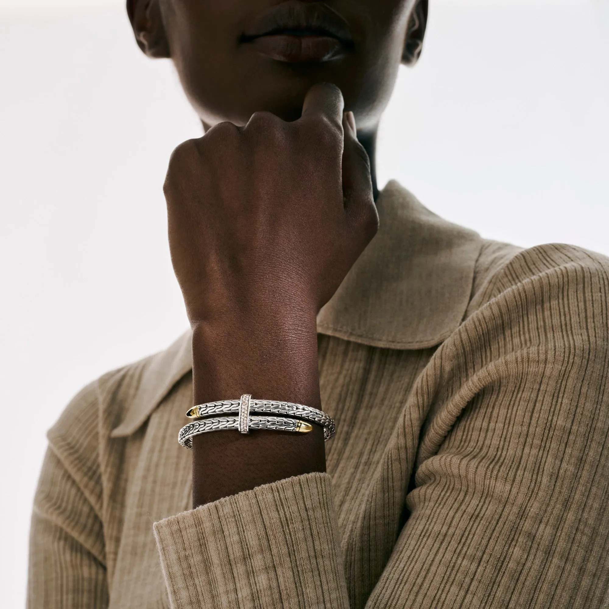 JOHN HARDY STERLING SILVER AND 14K YELLOW GOLD PAVE SPEAR FLEX CUFF DOUBLE BRACELET