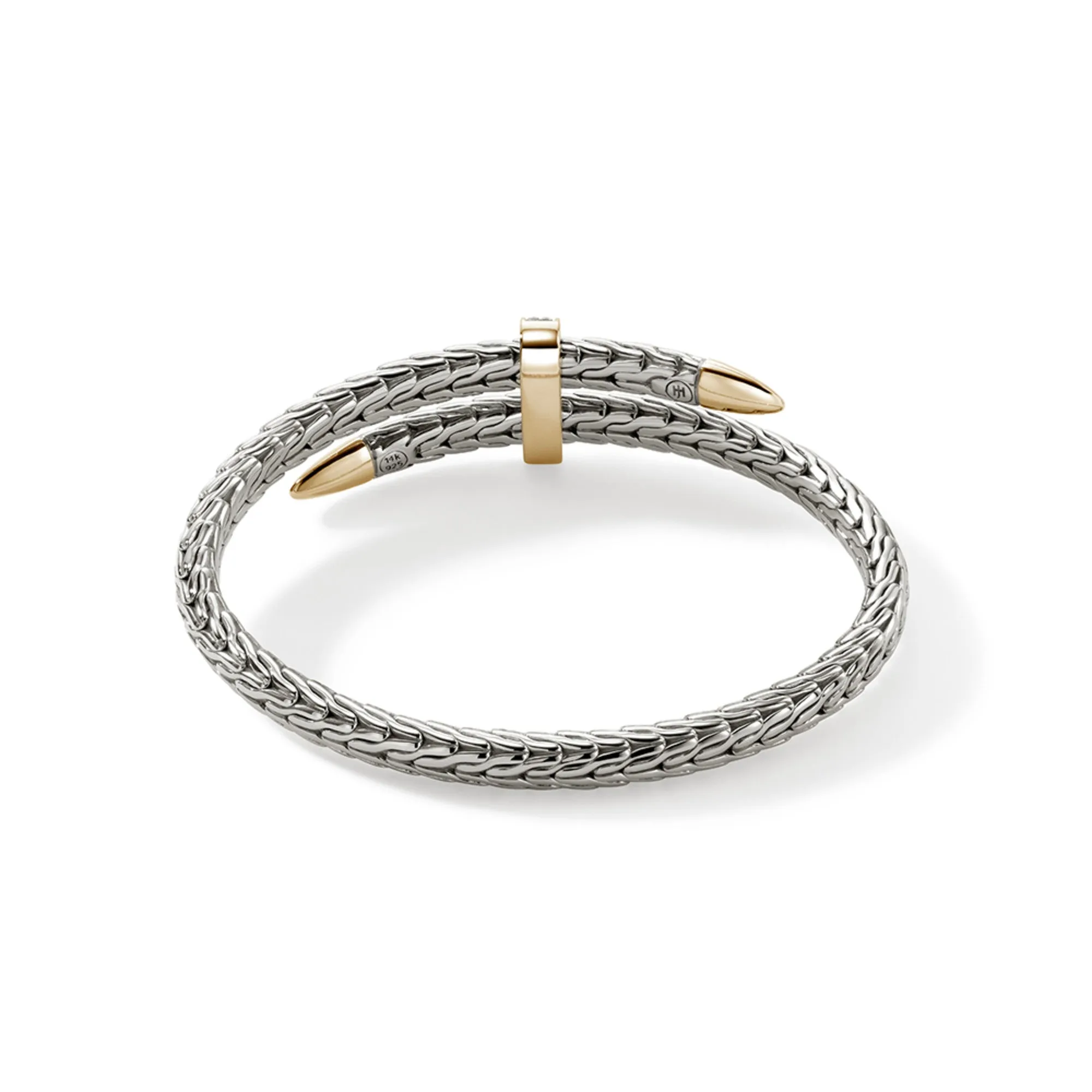 JOHN HARDY STERLING SILVER AND 14K YELLOW GOLD PAVE SPEAR FLEX CUFF DOUBLE BRACELET
