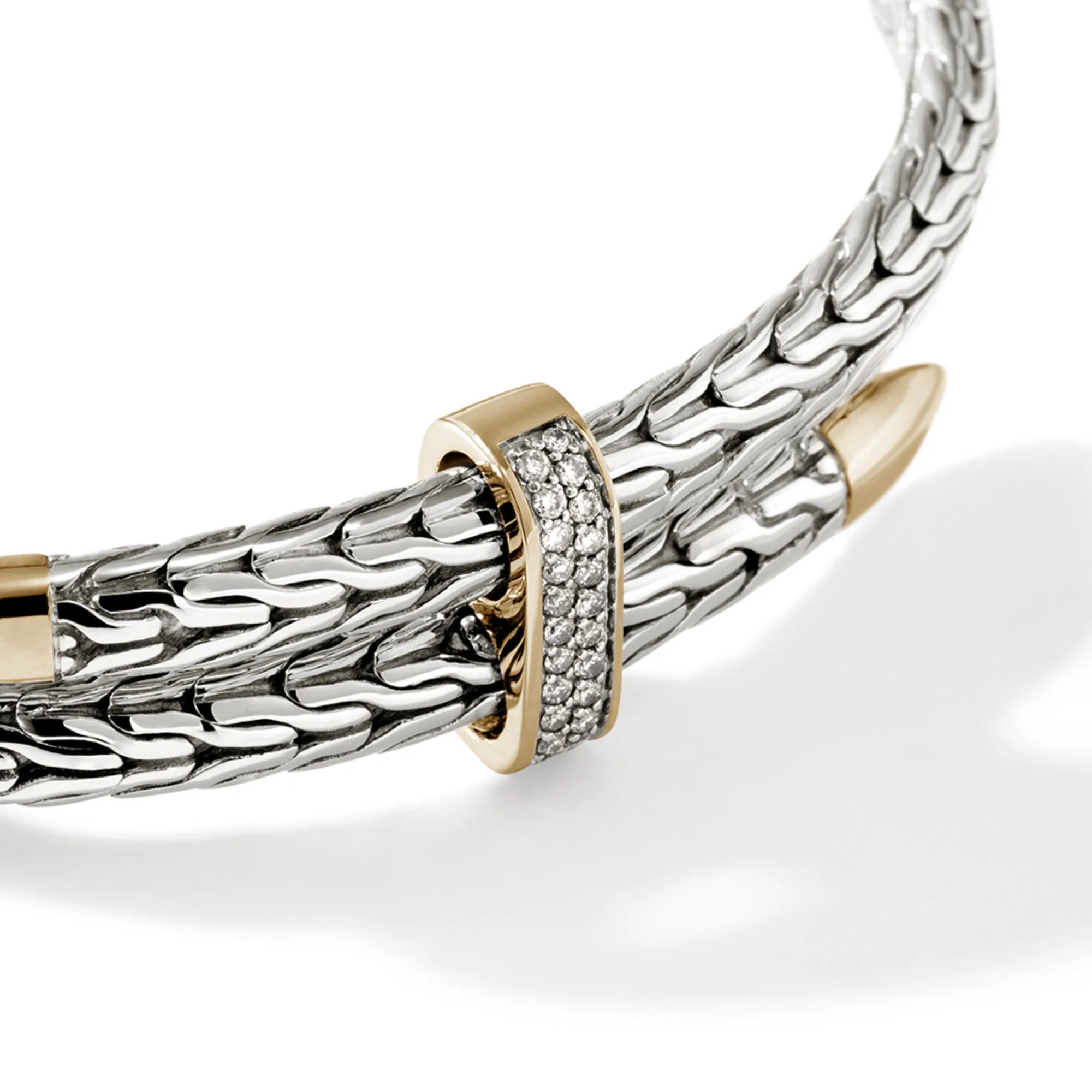JOHN HARDY STERLING SILVER AND 14K YELLOW GOLD PAVE SPEAR FLEX CUFF DOUBLE BRACELET