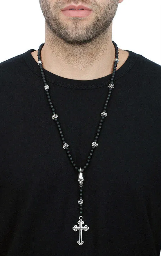 KING BABY - "SKULL AND CROSS" Rosary Necklace w/Onyx Beads and Silver Roses